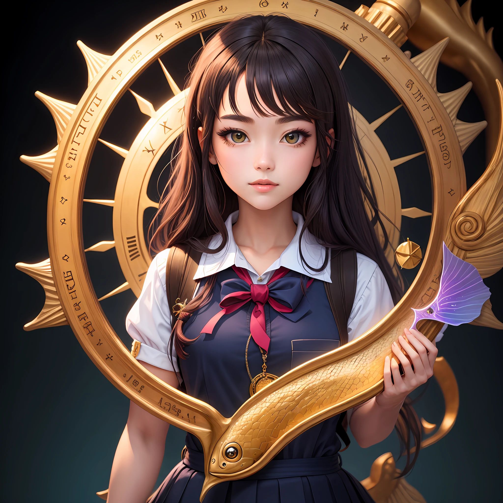 An ultra-detailed half-body illustration of a schoolgirl character with Pisces zodiac inspired features. The character should be set against a black background, and all details should revolve around Pisces zodiac themes.