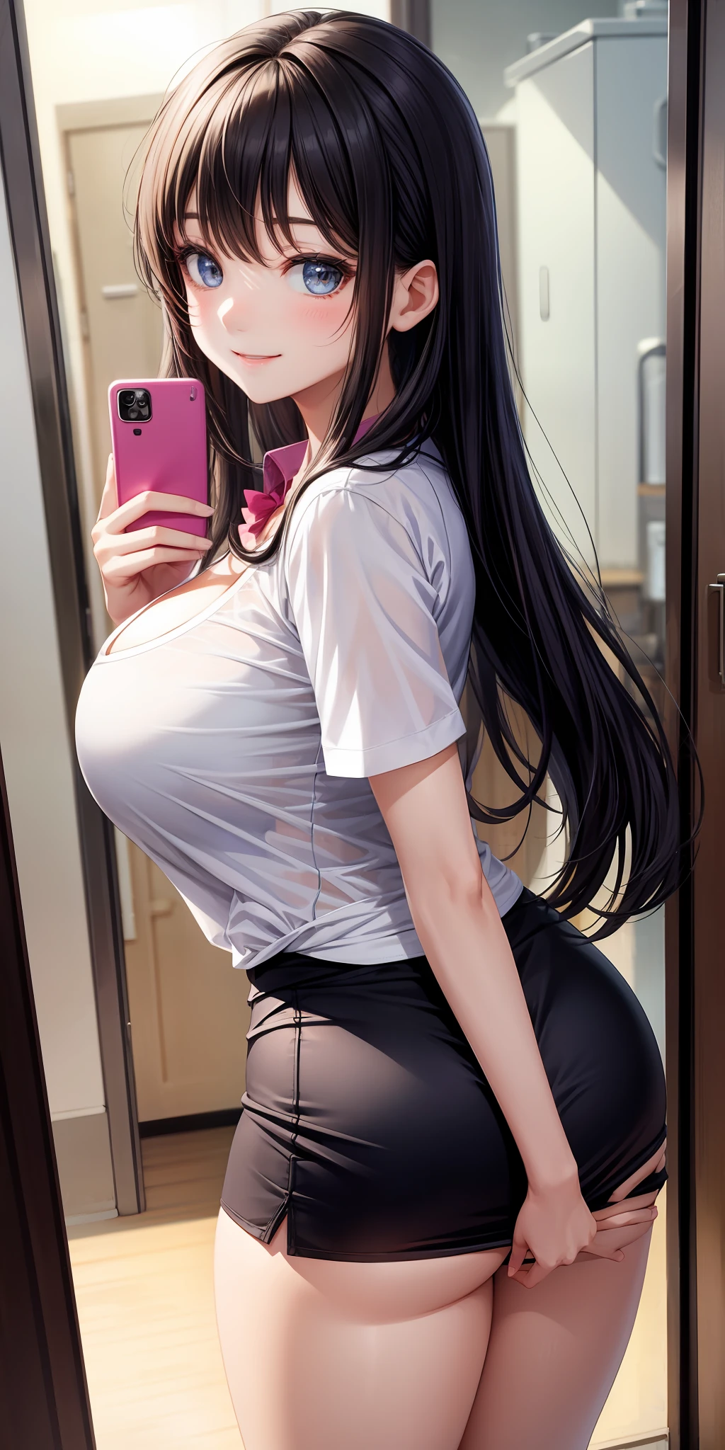 realisticlying、女の子 1 人、selfee、Polo shirt、Wearing a miniskirt with a ruffle that emphasizes the buttocks、Breasts slightly larger、Emphasis on transparent cleavage in clothes、Smile、A sexy、Butt sticking out、Emphasis on the thighs