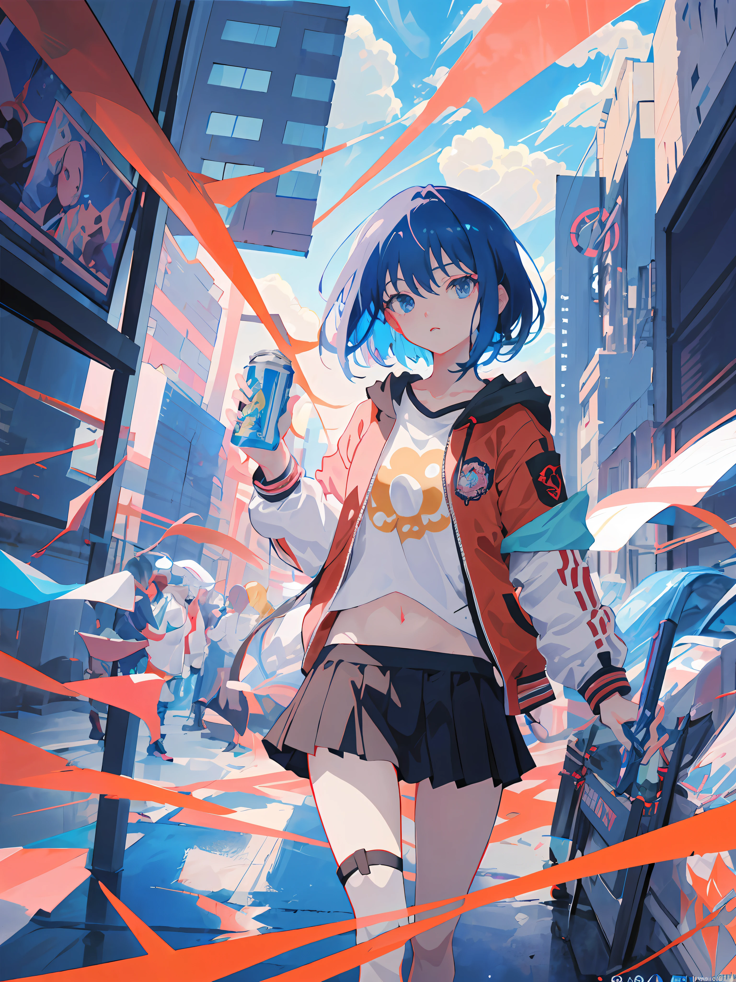 Handsome blue hair and red jacket cut navel short hair, anime girl holding canned drink bare legs strolling the city in miniskirt, style of anime4 K, Official artwork, style of ssss.gridman (2018), Digital cyberpunk anime art, high detailed official artwork, Badass anime 8 K, Best anime 4k konachan wallpaper, digitl cyberpunk - anime art, Anime art wallpaper 8 K, Anime style digital art Fantastic background Premium rendering Top quality masterpiece Light scattering background with psychedelic colored clouds