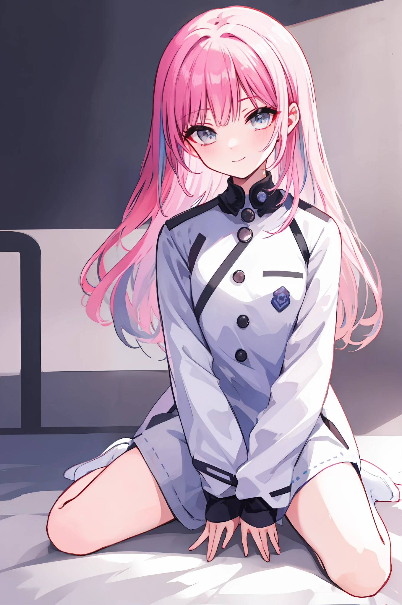 White hair, Pink hair, long whitr hair,a matural female,ssmile