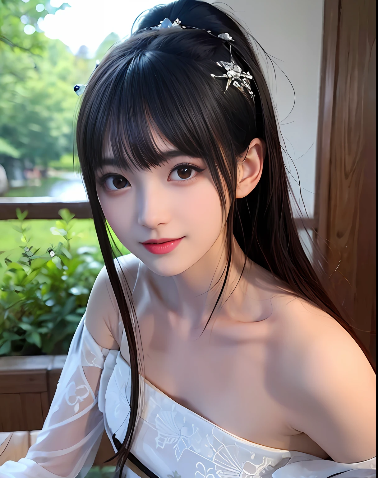 (masterpiece, best quality, beautiful portrait:1.4) of a stunning 25yo chinese 1girl, (upper body view:1.6), seductive pose, :1.2, (armpits focus:1.1), solo, long black hair, bare shoulders, perfect face, perfect eyes, insanely beautiful face, happy smile, hanfu, (looking at viewer:1.6), chinese village and lake in background, colorful, highly detailed, ultra realistic, deep field of depth, (sharp focus:1.6), insanely intricate, 8k