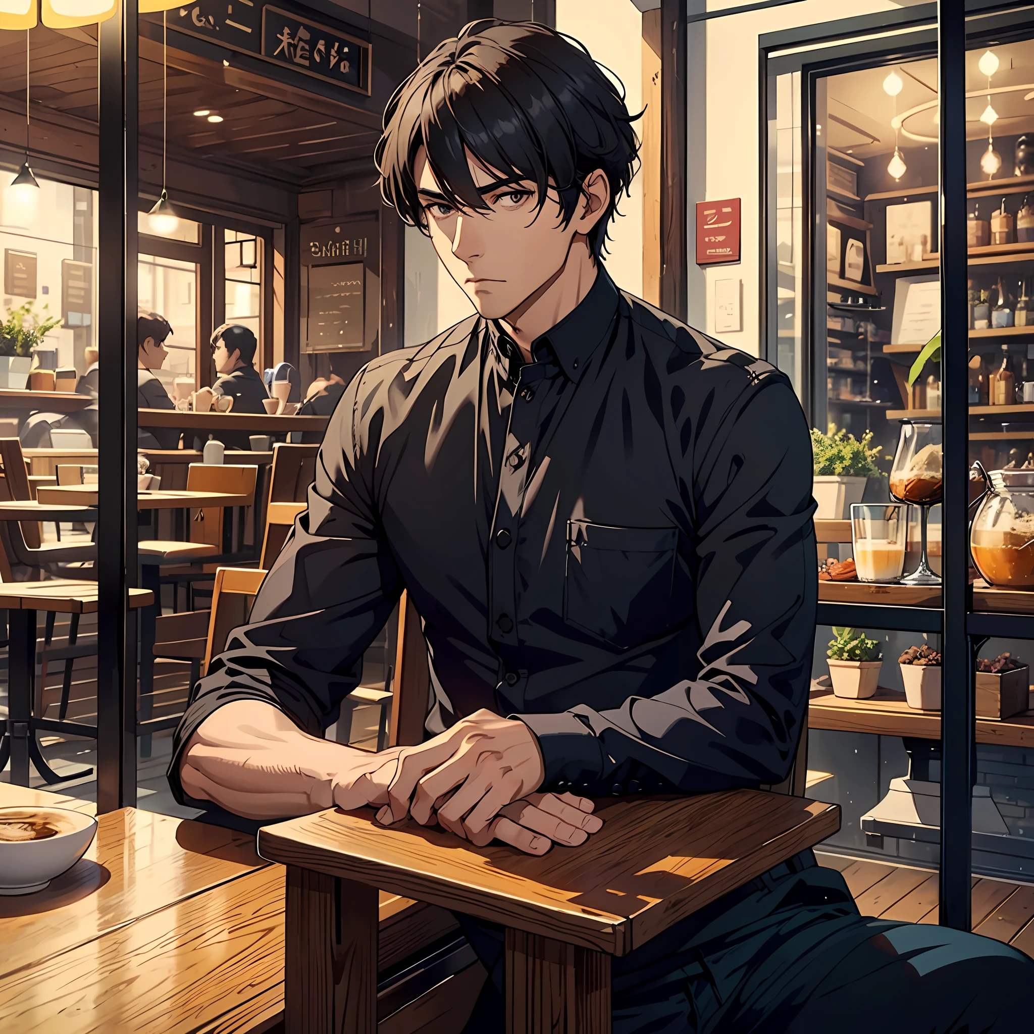 A man,Handsome face,cafe shop,sitted,sofe,Gaze ahead calmly