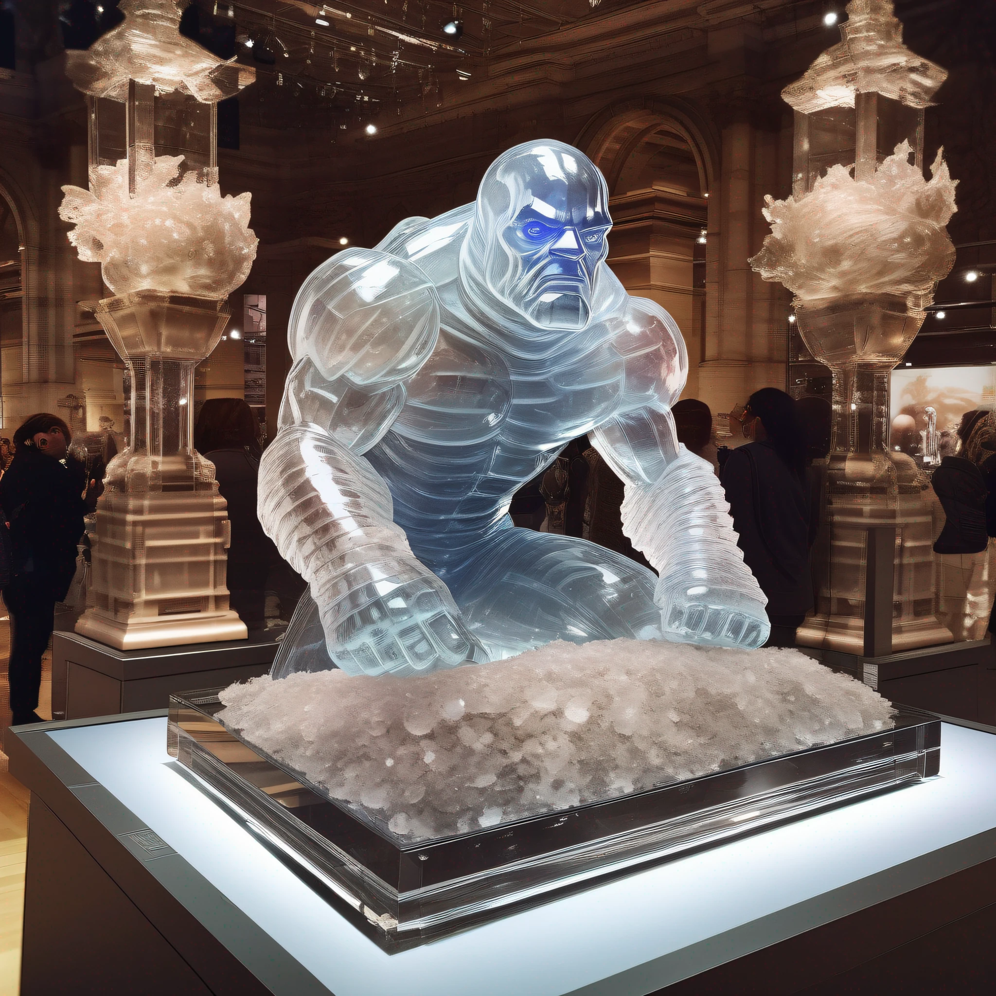 instagram photo, statue ofBenjamin Jacob "Ben" Grimm, also known as The Thing in transparent crystal, wide angle, hyper detailed, crystal eyes, studio photography, made of ornate transparent crystal, on an exhibition altar, museum background