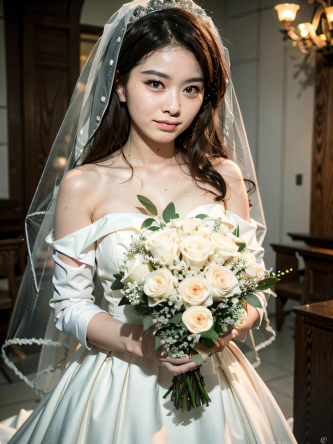 increase the amount of leaves and gypsophila grass in the bouquet,、Hide the bride's hands and fingers as much as possible。