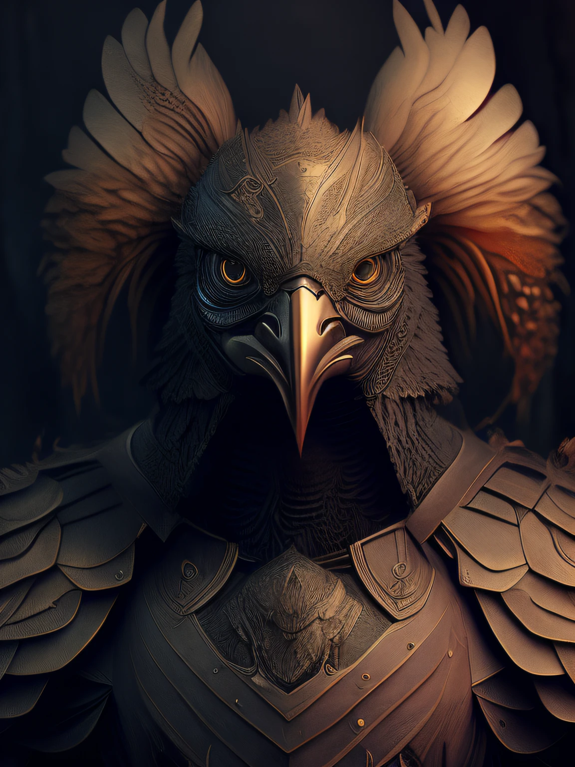 (Realistic:1.3), poster for,Intricate details, ((Cinematic light)), Animal chickens,human - shaped,blend,hyperealistics, Scary, Dark fantasy \(Style\), Detailed armor, Detailed helmet