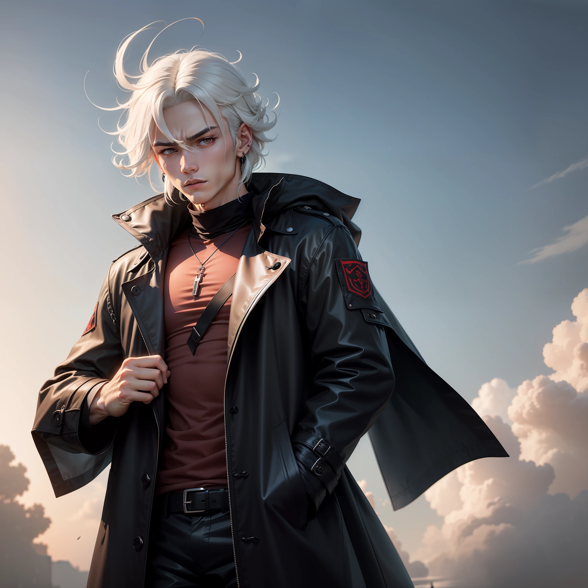 Anime male，White hair and red eyes，Height 178，Strong physique，Unilateral black earrings，Pure black tunic trench coat，Sharp eyes，Stand still in the wind，Put your hands in your pockets。