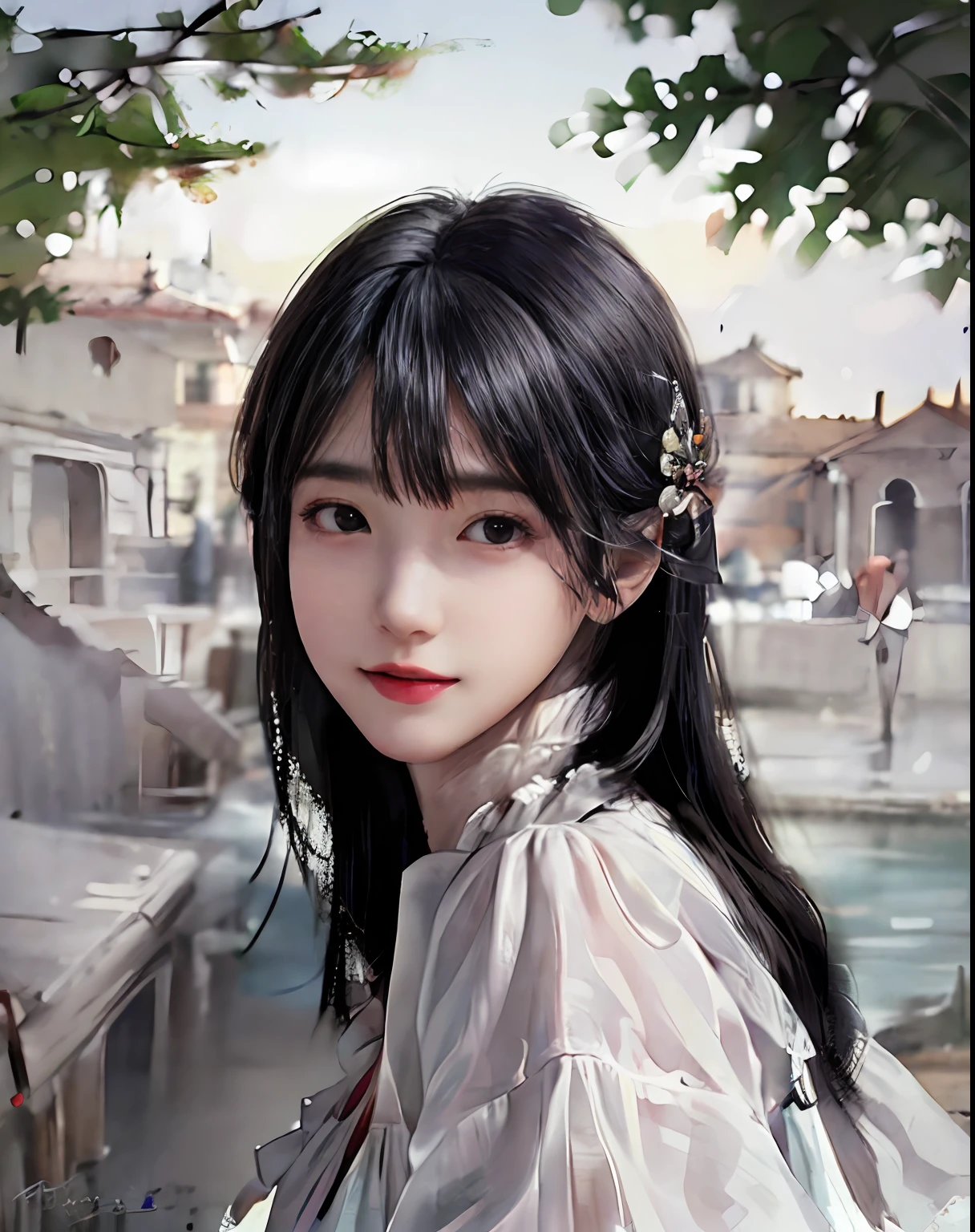 (masterpiece, best quality, beautiful portrait:1.4) of a stunning 25yo chinese 1girl, (upper body view:1.6), seductive pose, breasts:1.2, (armpits focus:1.1), solo, long black hair, bare shoulders, perfect face, perfect eyes, insanely beautiful face, happy smile, hanfu, (looking at viewer:1.6), chinese village and lake in background, colorful watercolor anime, highly detailed, ultra realistic, deep field of depth, (sharp focus:1.6), insanely intricate, 8k