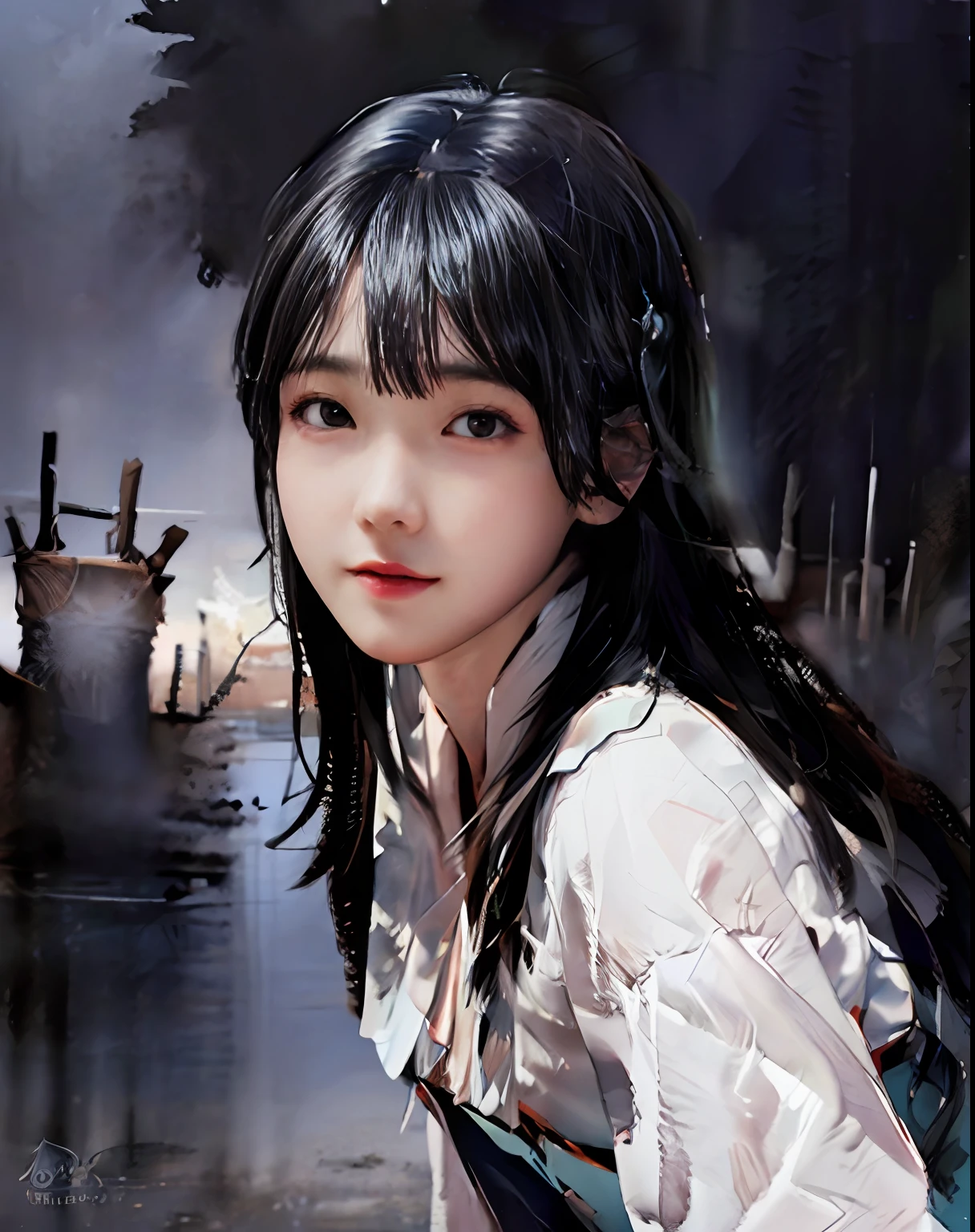 (masterpiece, best quality, beautiful portrait:1.4) of a stunning 25yo chinese 1girl, (upper body view:1.6), seductive pose, breasts:1.2, (armpits focus:1.1), solo, long black hair, bare shoulders, perfect face, perfect eyes, insanely beautiful face, happy smile, hanfu, (looking at viewer:1.6), chinese village and lake in background, colorful watercolor anime, highly detailed, ultra realistic, deep field of depth, (sharp focus:1.6), insanely intricate, 8k