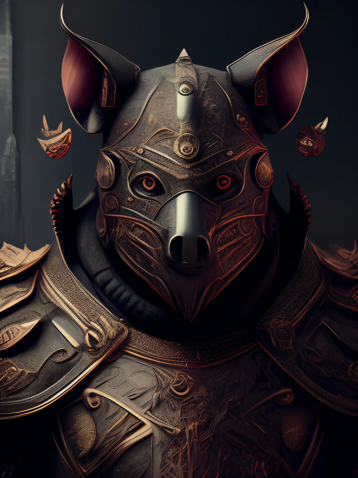 (Realistic:1.3), poster for,Intricate details, ((Cinematic light)), Animal pigs,blend,hyperealistics, Scary, Dark fantasy \(Style\), Detailed armor, Detailed helmet