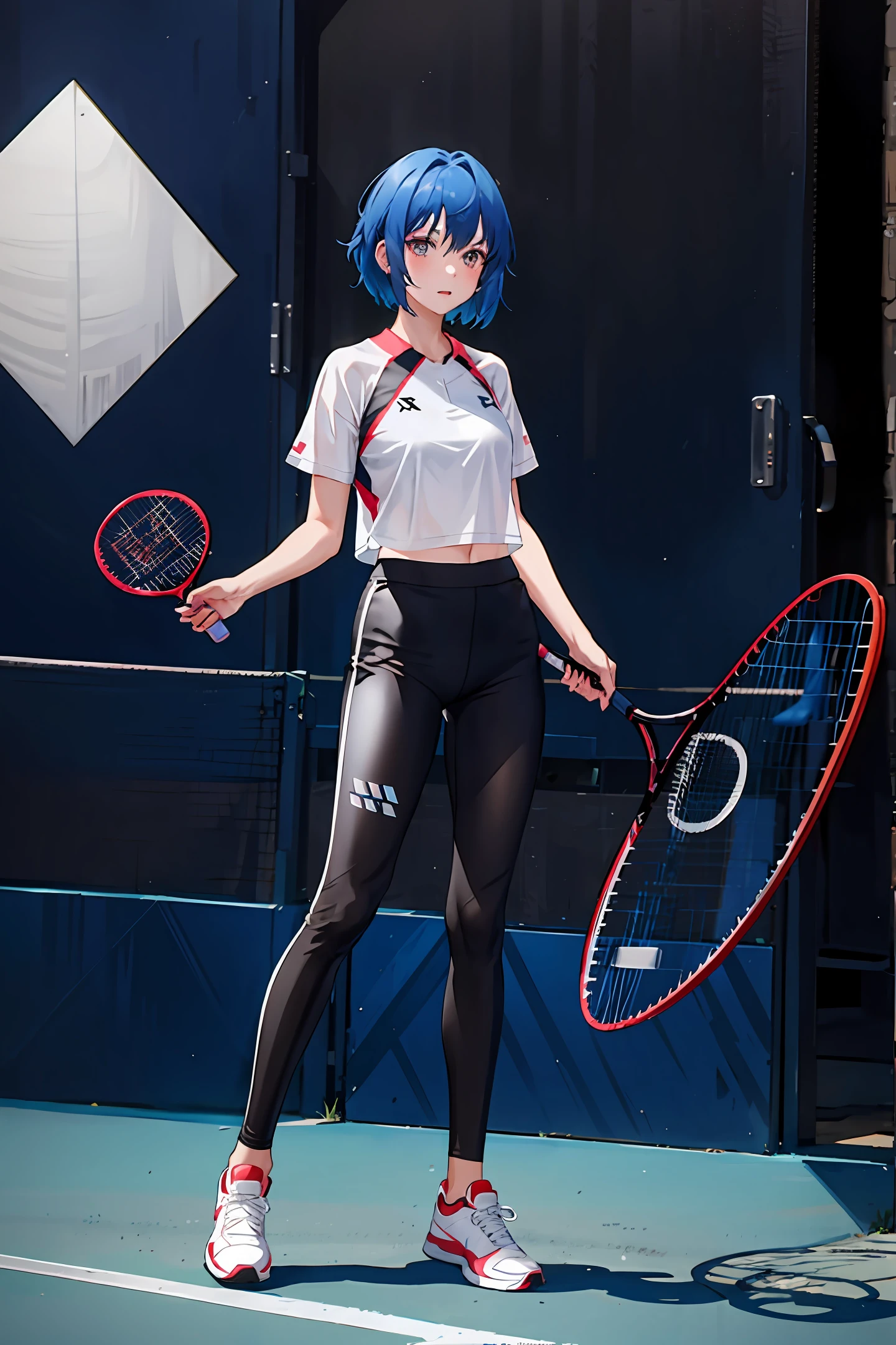 Blue-haired girl with short hair in transparent tennis pants