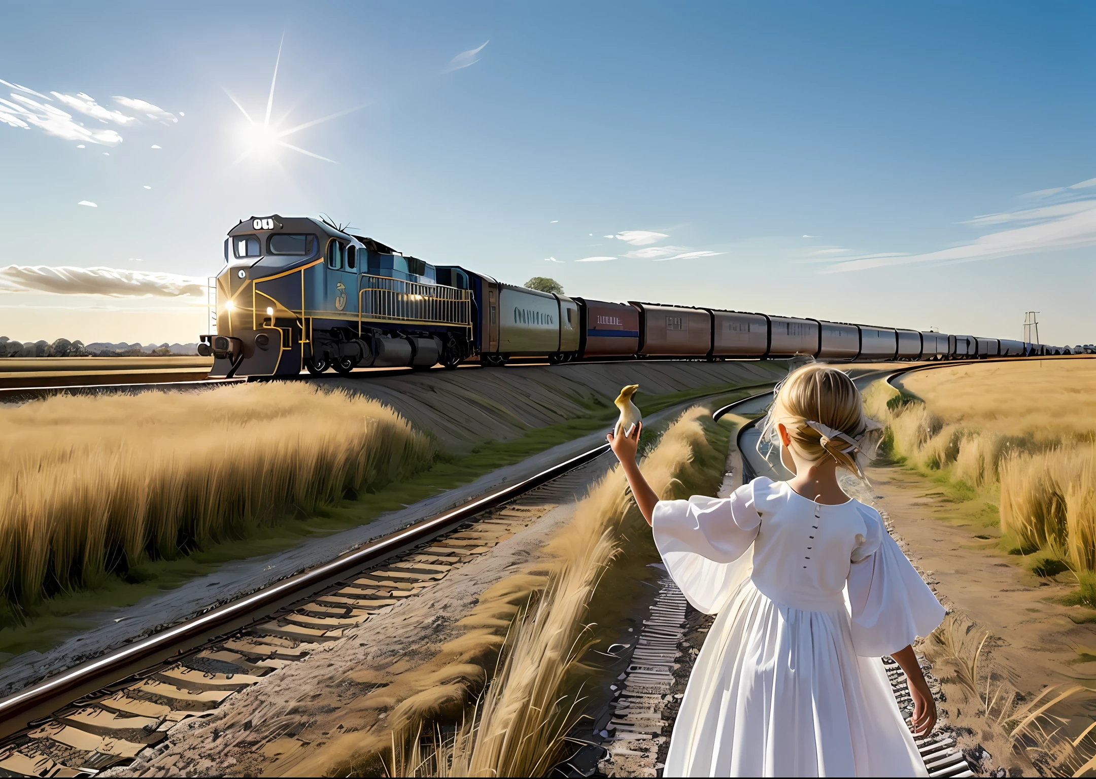 A girl walks on the railroad tracks, with the blue sky behind her, a field of wheat, and a train passing by. The girl is wearing a white traditional costume, with one hand shielding the sun and the other extended, holding a perched bird in her hand. Her hair dances in the wind.