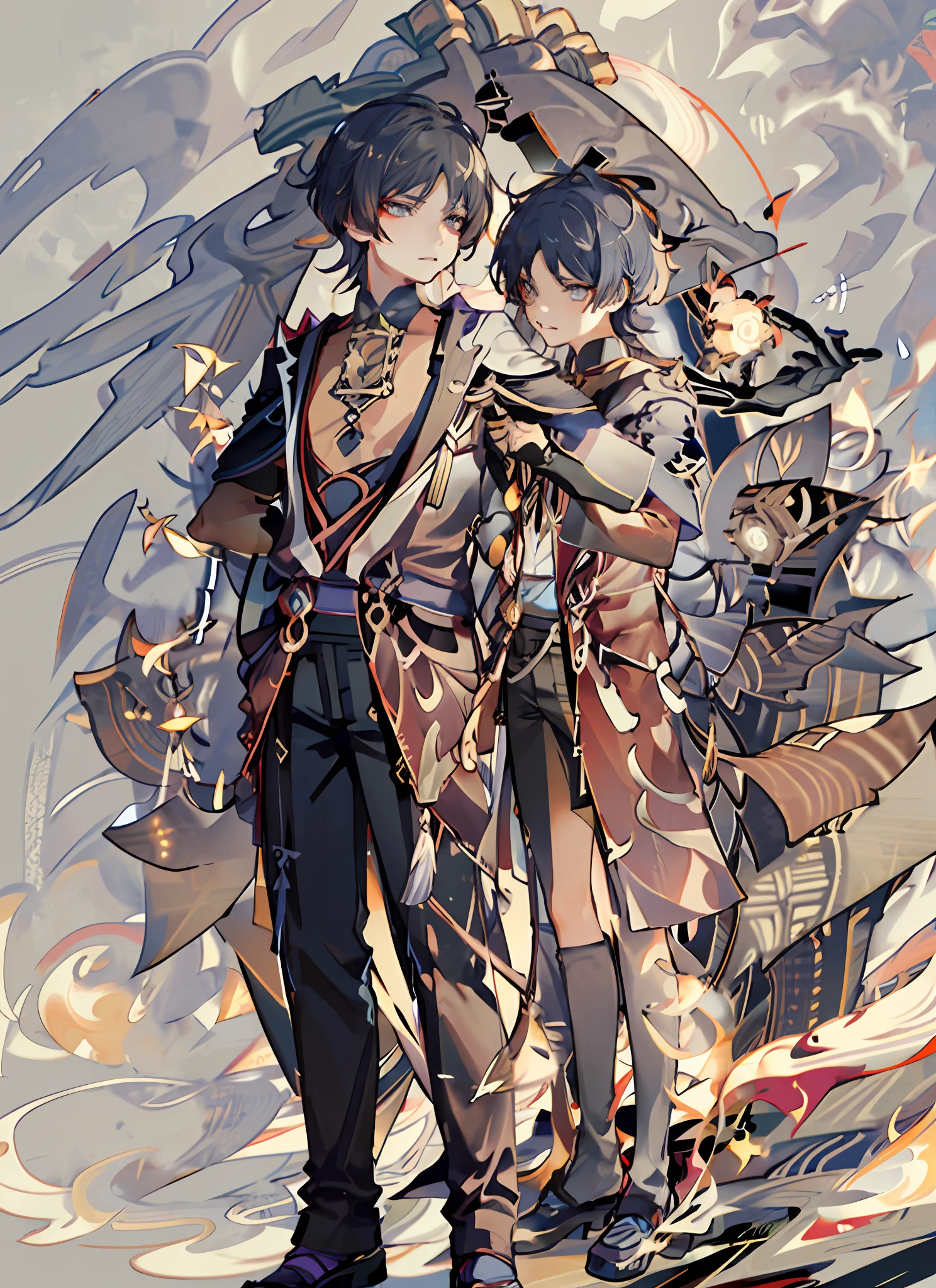 masterpiece, best quality,(wanderer:1.2), scaramouche (genshin impact), , male focus, outdoors, cloud, standing, leaf, sky, hand on headwear, vest,(grey background:1.4),(kbxll:0.6) (flat color: 0.9),(blue cloudy sky:1.1),(masterpiece:1,2), best quality, masterpiece, elevation, original background image, extremely detailed, 2 boys,
+ boy number 1 Scaramoche, layered indigo hair, blue eyes, red eyeliner, black shorts, slim figure + modest height.
+ boy number 2 zhongli hug boy number 1 scaramoche , long hair , brown hair It turns amber at the end and ties into a waist-long ponytail
, her right bangs are longer, hanging down her face, amber eyes with red lines near the corners of her eyes,
wear long pants, tall figure + wide shoulders,