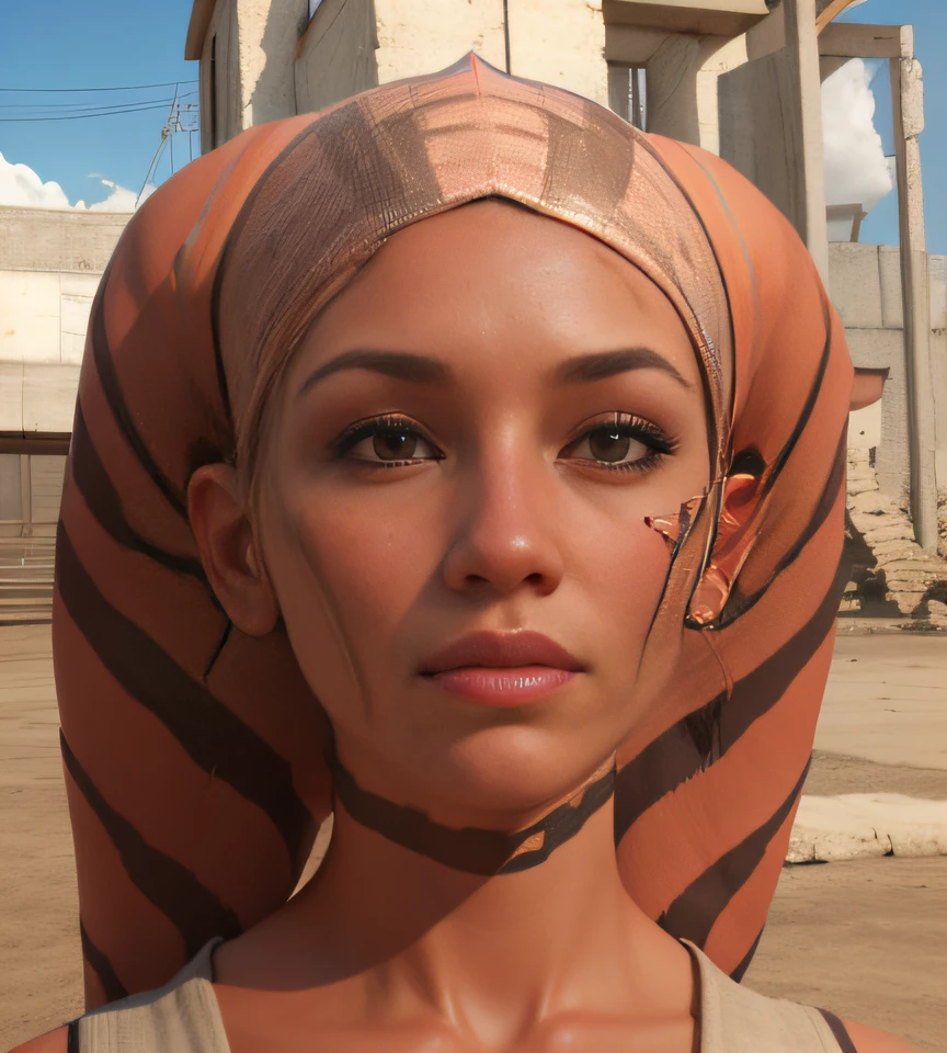 make realistic, 3d, female young face, lekku, twi'lek, orange pink skin, Jedi Robes, ambient lightning