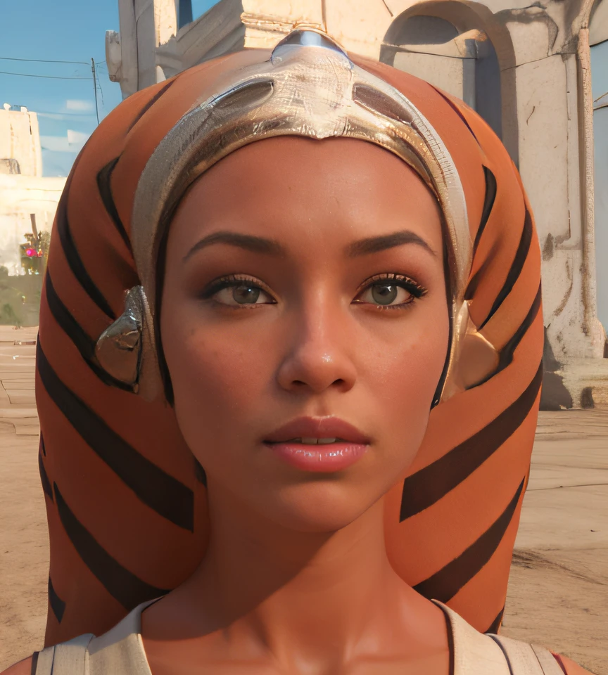 make realistic, 3d, female young face, lekku, twi'lek, orange pink skin, Jedi Robes, ambient lightning
