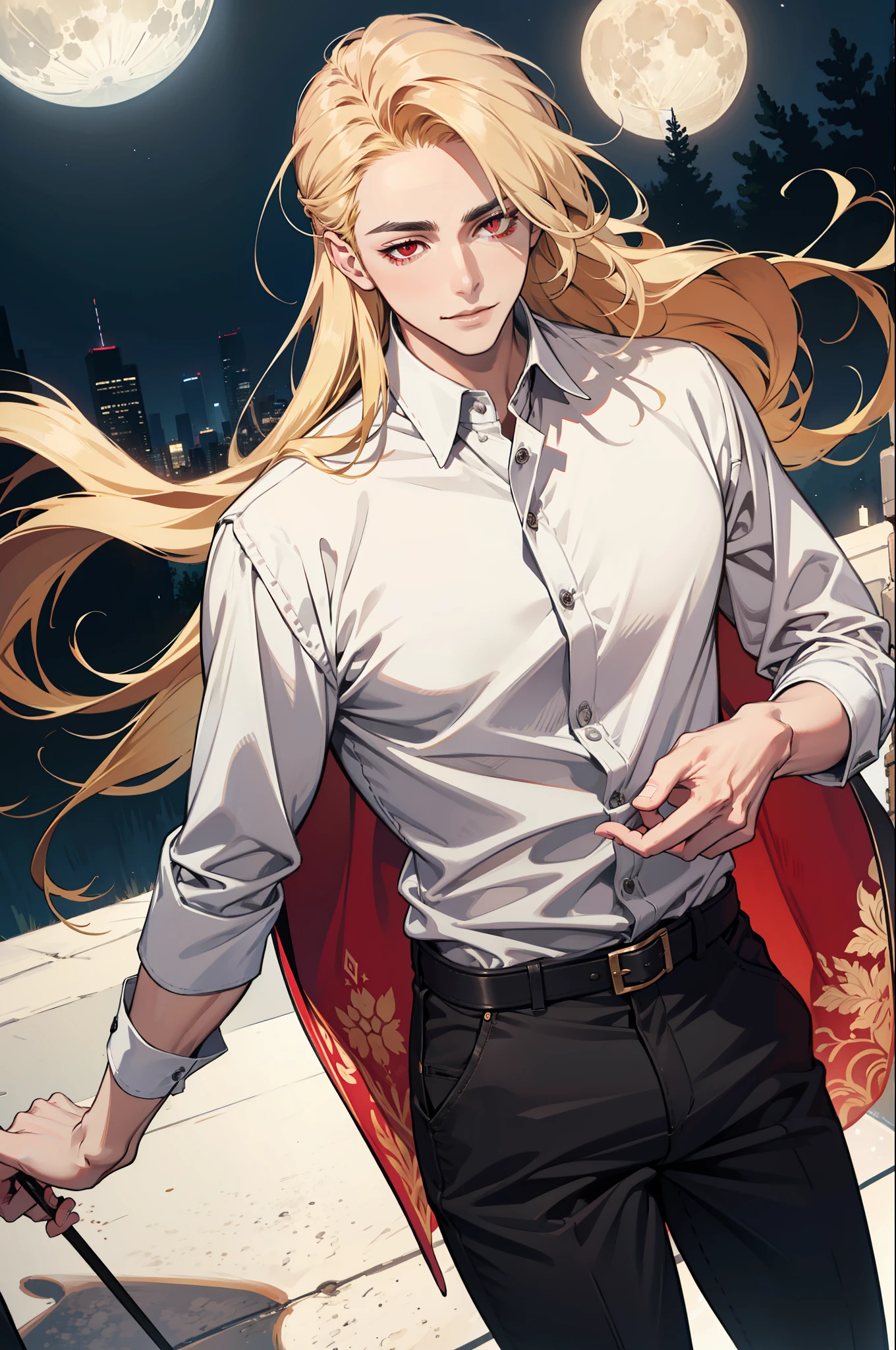 (absurdres, highres, ultra detailed), 1man, 30 years old man, adult man, handsome, tall,, finely detailed eyes and detailed face, leather pants, (((white shirt))), night, smile, dutch angle, ((long hair, blonde hair)), moon, gold details, gothic, vampire, vampire prince, dark, simple clothes, looking at the view, pale skin, red detailed eyes, (masculine), sexy, elegant, long bangs, detailed hands, (((red eyes)))