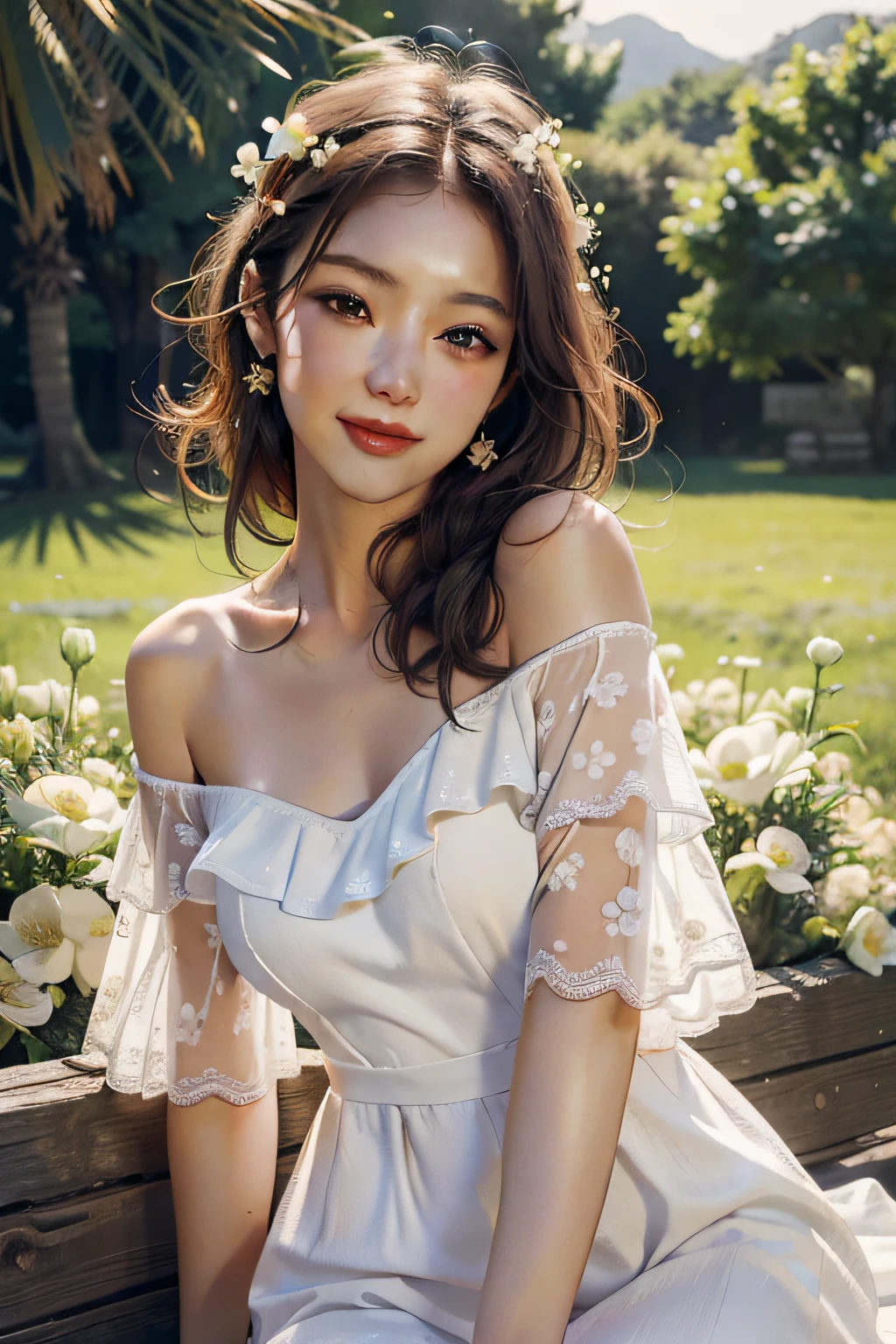 Best quality, masterpiece, ultra high res, (photorealistic:1.4), raw photo, 1girl, white dress, off shoulder, blossom flower field, glowing skin, light smile