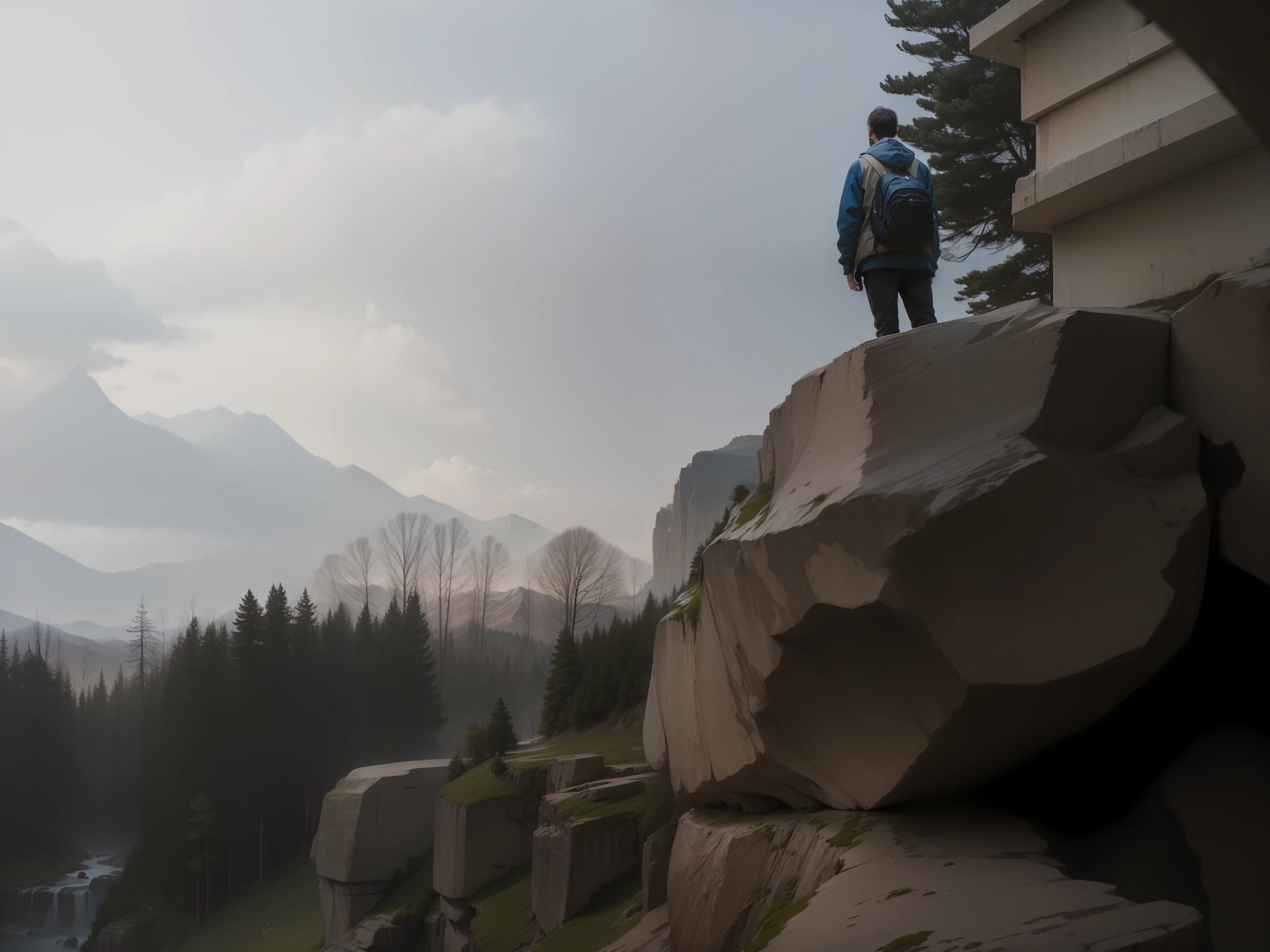 standing on cliff，Looking into the distance, there are mountains in the distance, a forest in the middle