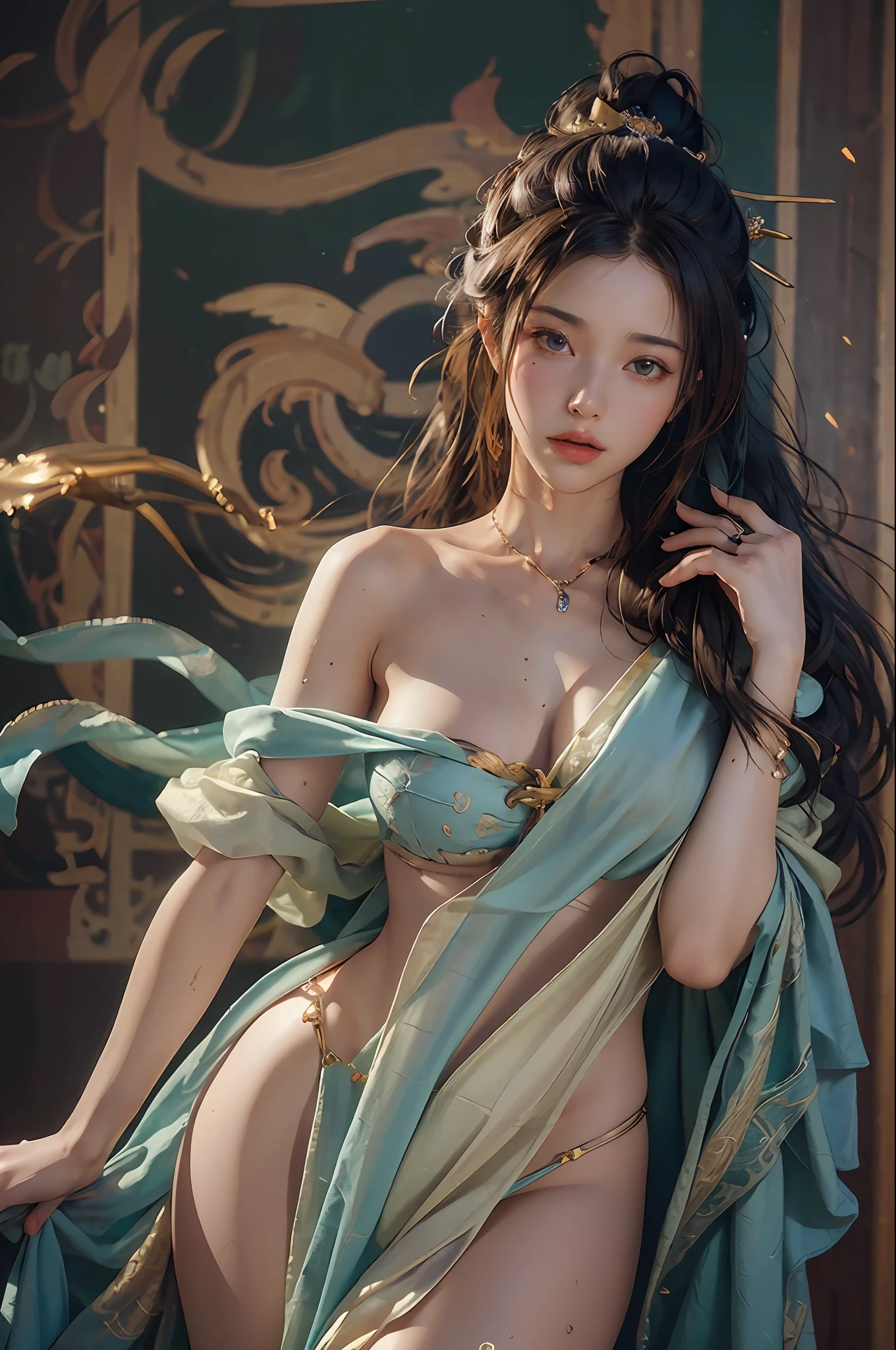 nsfw,(RAW photo, best quality),(realistic, photo-realistic:1.3),best quality,highly detailed,masterpiece,ultra-detailed,illustration,1girl,full_body,dynamic angle,world masterpiece theater,messy_long_hair,best quality,extremely detailed CG unity 8k wallpaper,ink,Amazing,cinematic lighting,lens_flare,dunhuang_style,