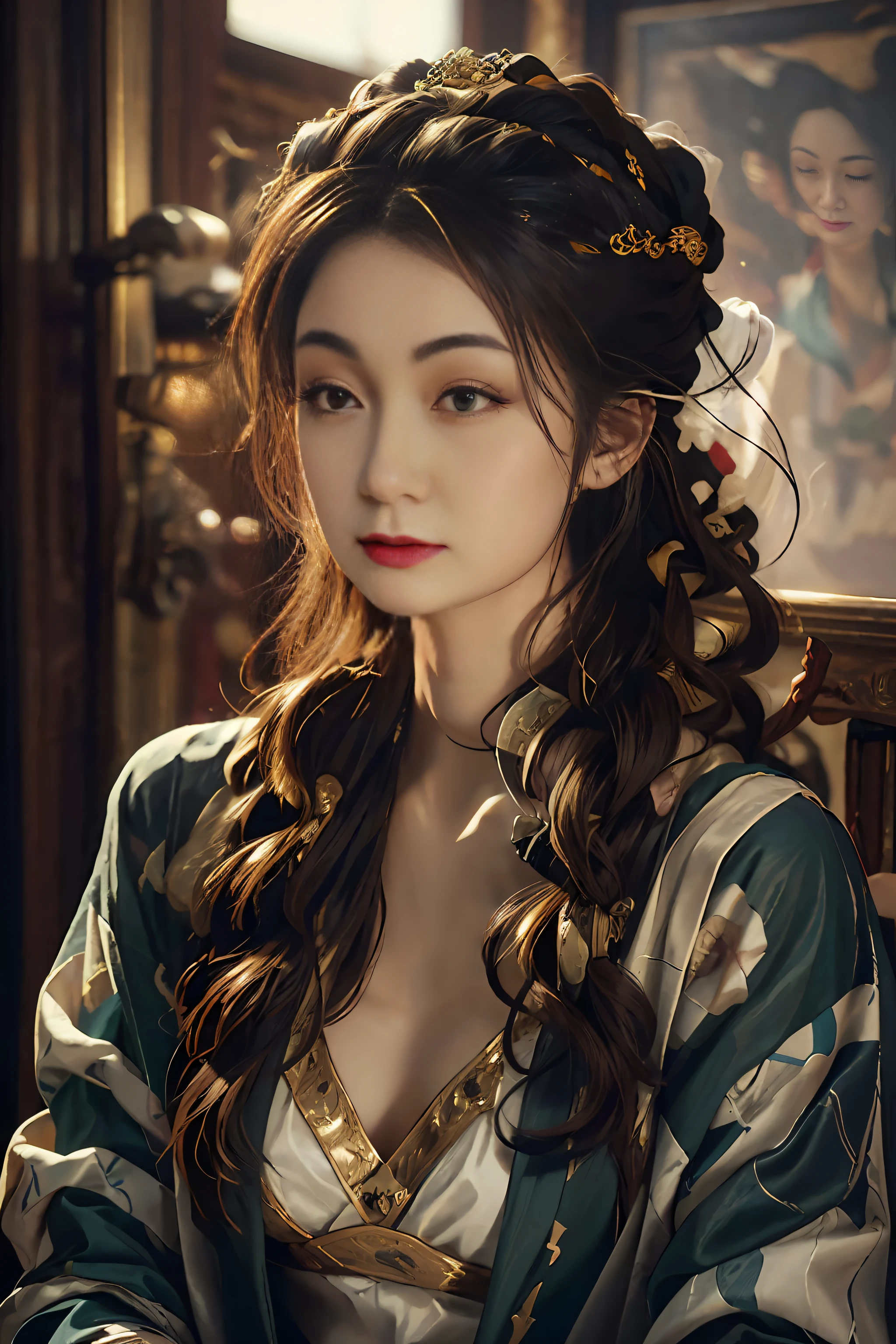 (RAW photo, best quality), (realistic, photo-realistic:1.3),best quality,highly detailed,masterpiece,ultra-detailed,illustration,1girl,upper_body,dynamic angle,world masterpiece theater,messy_long_hair,best quality,extremely detailed CG unity 8k wallpaper,ink,Amazing,cinematic lighting,lens_flare,,dunhuang_style