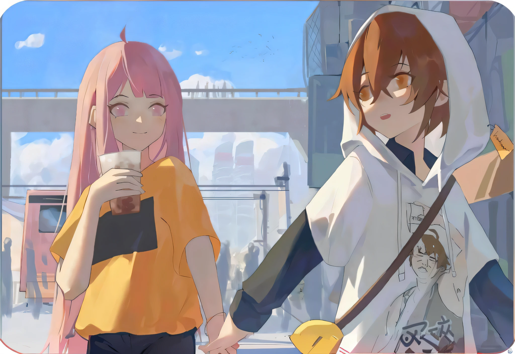 Anime characters walk in a city with buildings as a background, Guviz-style artwork, Guweiz e Makoto Shinkai, style of anime4 K, Anime style. 8K, Guviz, anime styled digital art, Best anime 4k konachan wallpaper, made with anime painter studio, Anime style illustration, In anime style