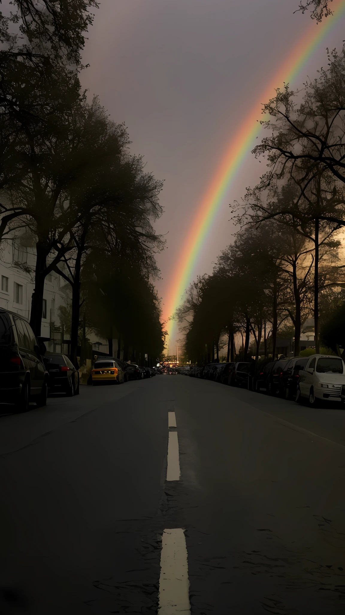 High Picture Quality,8k,The Alafede rainbow is over the street,Cars are parked on both sides, Faded rainbow light, rainbow in the sky, rainbow lighting, Rainbow, Rainbow reflections, rainbowing, dark rainbow, rainbow road, rainbow trail, bright rainbow nimbus, rainbows in the background, Rainbow gradient reflection, ethereal rainbows, Rainbow reflections, rainbow bg, moonbow, Beautiful natural light, Rainbow shift