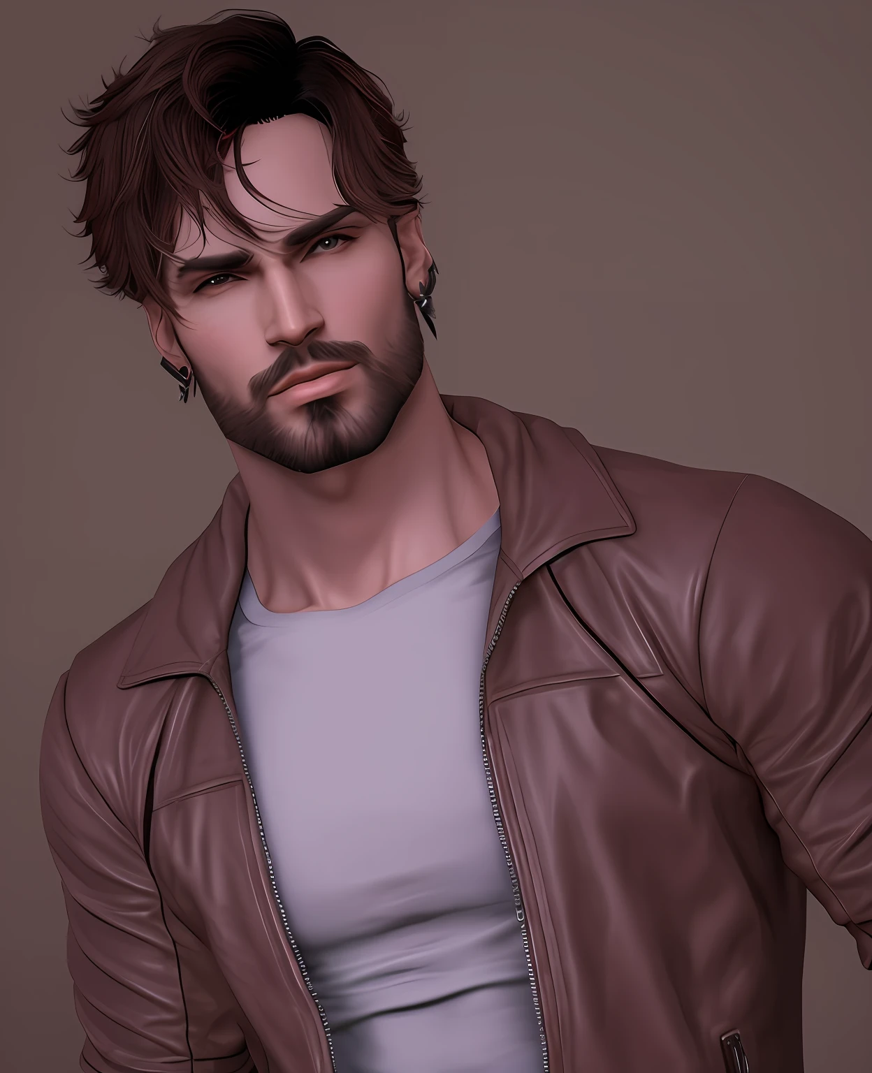 Homem com barba e jaqueta de couro posando para foto, inspirado em Allan Linder, inspirado em Ludovit Fulla, inspirado em Dean Roger, inspirado em Aleksander Gine, inspirado em Josef Abel, Avatar do Second Life, inspirado por Rudolf von Alt, Pose de perfil glamoroso, inspirado em Adam Manyoki, inspirado em Maximilian Cercha