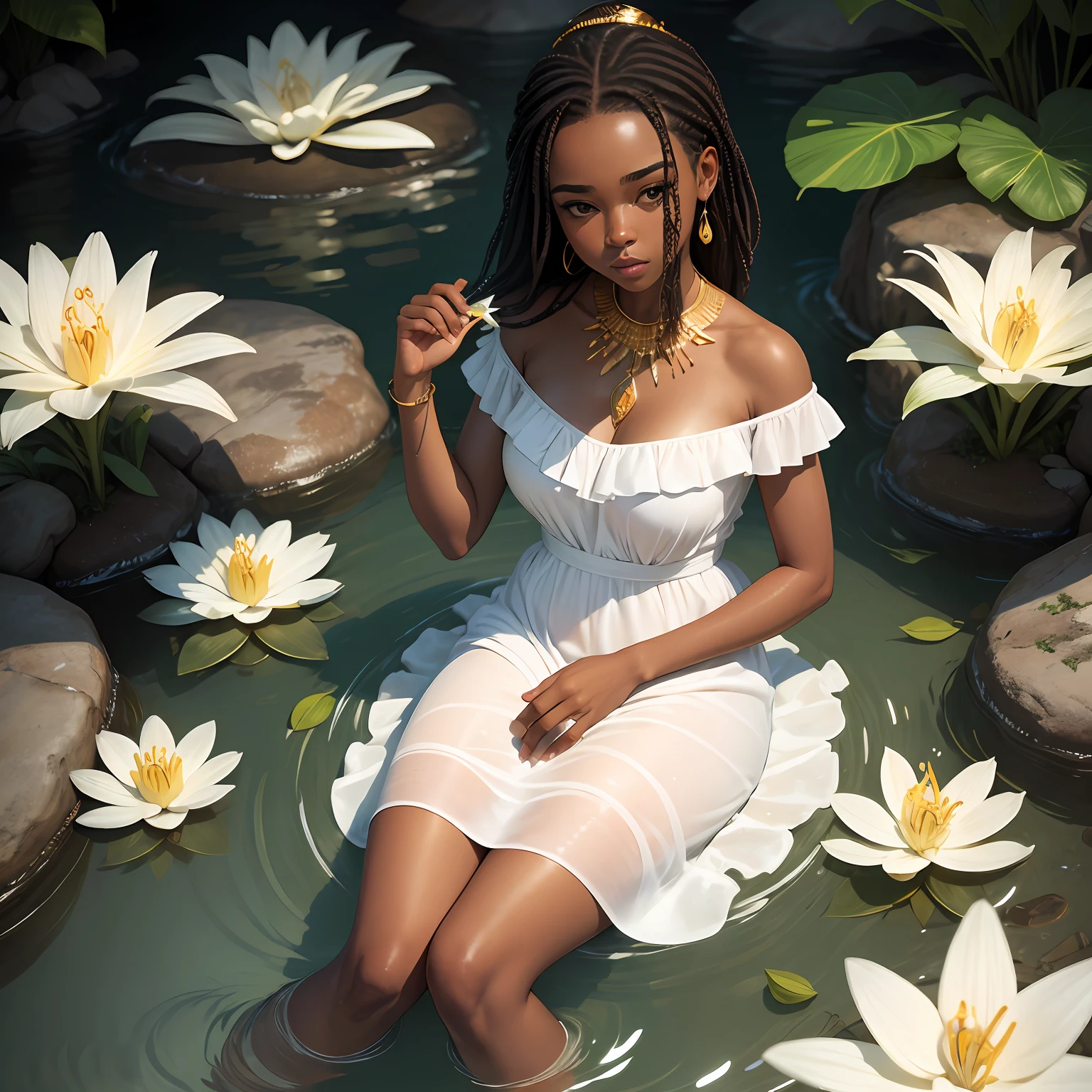 Uma linda rainha africana minimalista, com um olhar sereno e calmo, com um vestido de ouro cintilante, adornada com joias de ouro, com um fino veu de ouro cobrindo o rosto, Washing white lilies in water, in a beautiful waterfall of crystal clear water. em 4K --auto