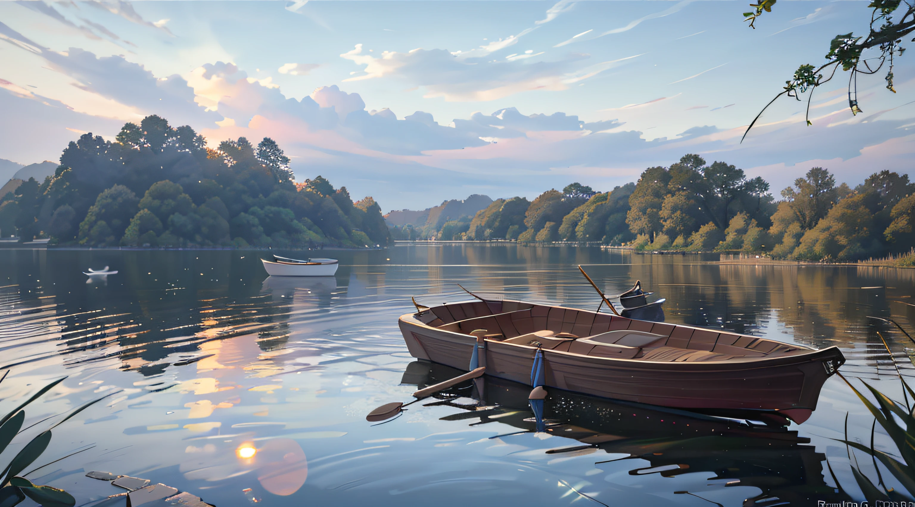 Wallpaper, summer pond, pond, boat, afternoon sun, reeds, pond background, depth of field, hot weather, HD detail, wet watermark, hyperdetail, realistic photo, 16k, surrealism, soft light, deep field focus bokeh, ray tracing, diffuse (ultra-fine glass reflection) and surrealism. --v6