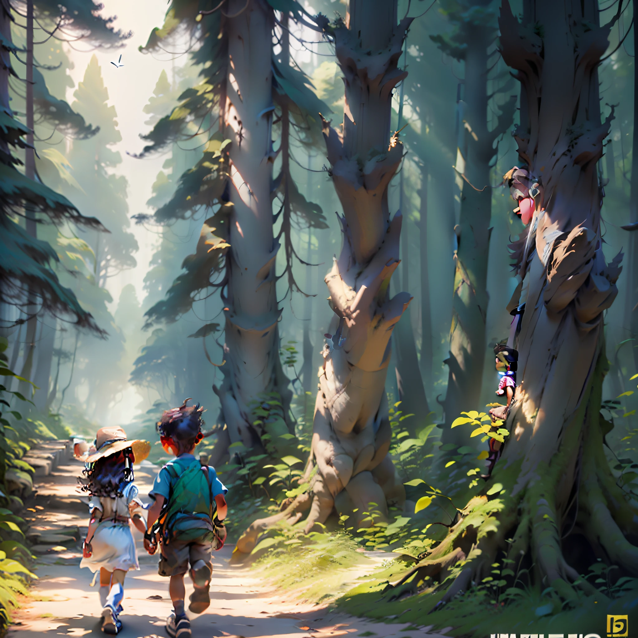 imagina um menino e uma menina de 8 anos em forma de desenho animado, juntos, Em busca do Tesouro Oculto: The Fantastic Adventure in the Enchanted Forest, 4k