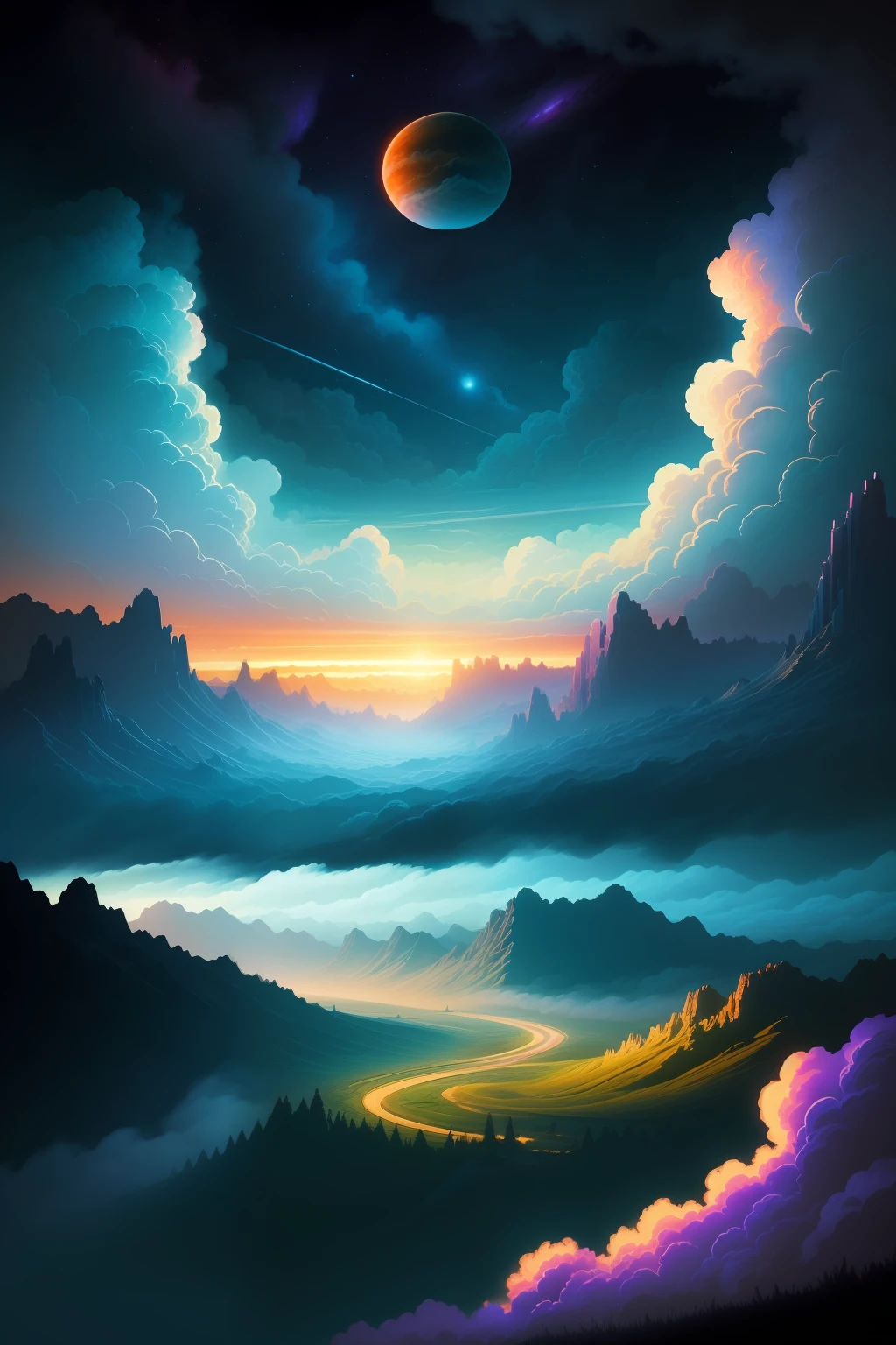 illustration of jupiter clouds by dan mumford, alien landscape and vegetation, epic scene, a lot of swirling clouds, high exposure, highly detailed, realistic, vibrant blue tinted colors, uhd