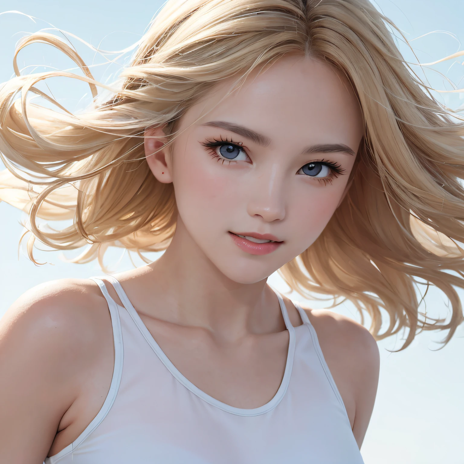 (in 8K, RAW Photos, of the highest quality, Masterpieces: 1.2), (Realistic, Photorealistic: 1.37), Highest Quality, Ultra High Resolution, light  leaks, Dynamic lighting, Slim and smooth skin, (Full body:1.3), (Soft Saturation: 1.6), (Fair skin: 1.2), (Glossy skin: 1.1), Oiled skin, 18 years old, Strong light in the morning, flat chest, shiny white blonde, Well-formed, Hair fluttering in the wind, Medium Hair, up close shot, Physically Based Rendering, From multiple angles, Shiny White Camisole, Transparent、lite smile