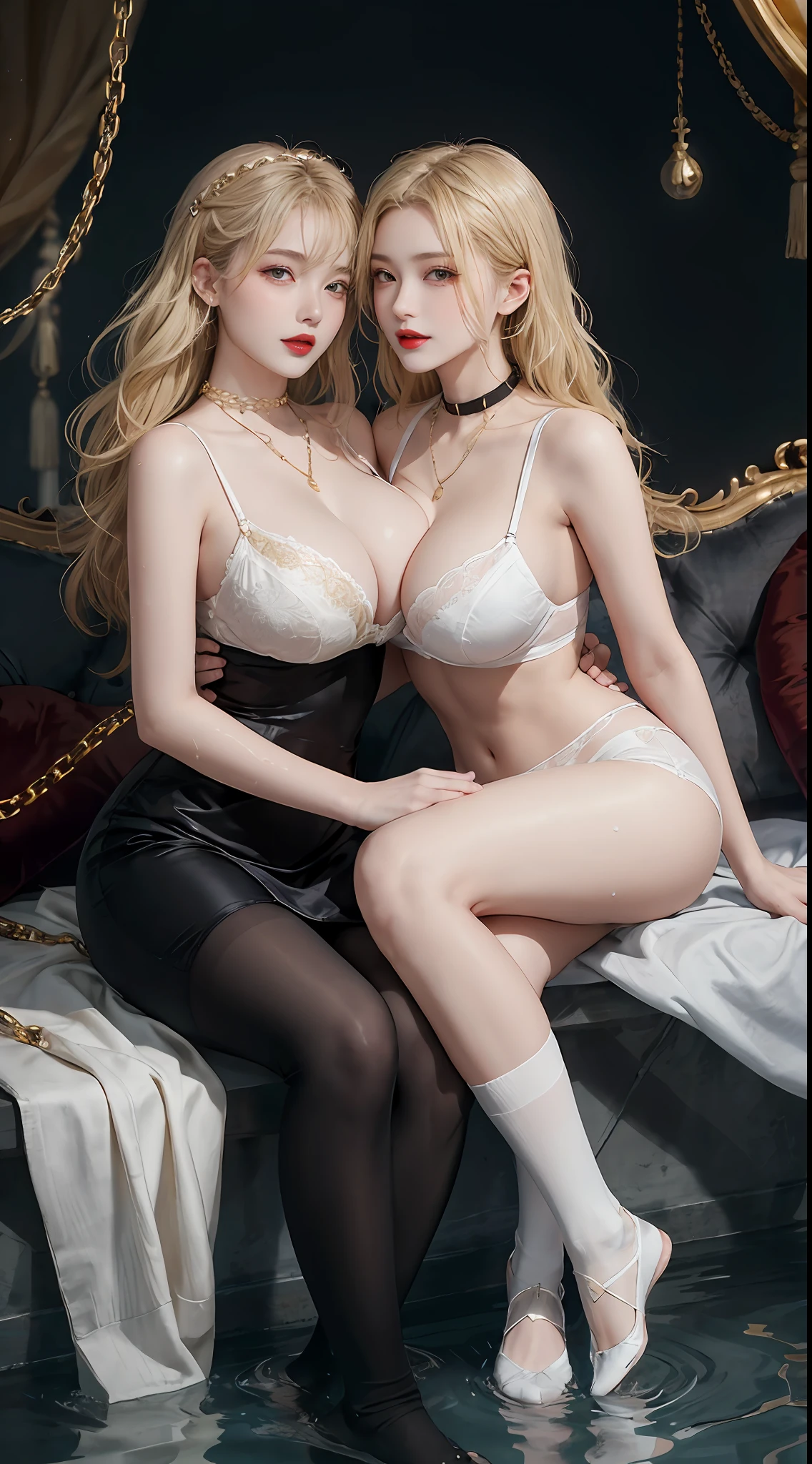 huge boob,Best picture quality,busty figure,Lieyang red lips,Exquisite facial features,Two feminine sexy beauties,Wearing white erotic lingerie,Wearing black silk fishnet socks,He wore a thick gold chain on his hand,With a collar around the neck,,Wavy blonde,Get wet,high high quality,best qualtiy,Hug each other