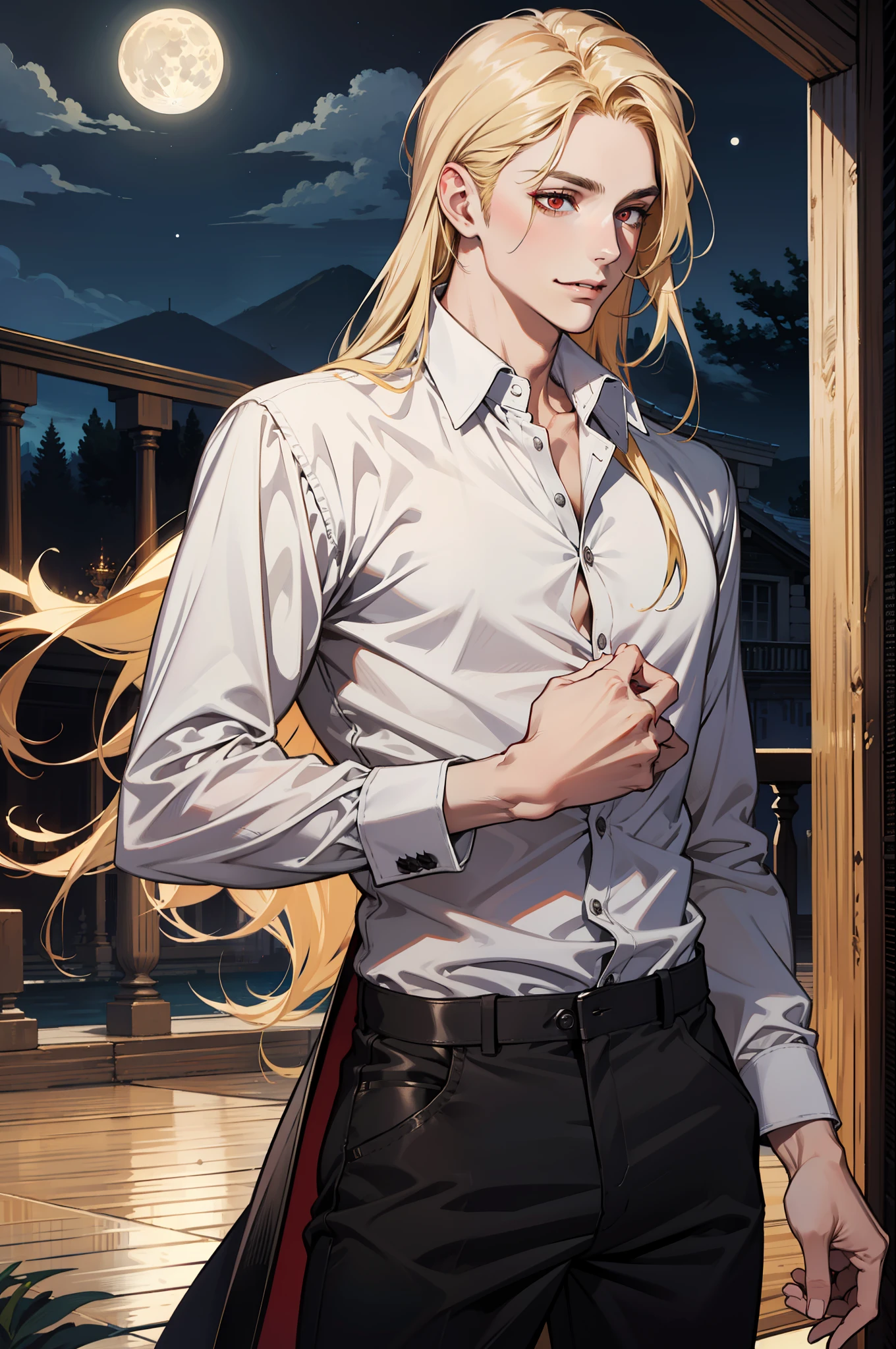 (absurdres, highres, ultra detailed), 1man, 30 years old man, adult man, handsome, tall,, finely detailed eyes and detailed face, leather pants, (((white shirt))), night, smile, dutch angle, ((long hair, blonde hair)), moon, gold details, gothic, vampire, vampire prince, dark, simple clothes, looking at the view, pale skin, red detailed eyes, (masculine), sexy, elegant, long bangs, detailed hands, (((red eyes)))