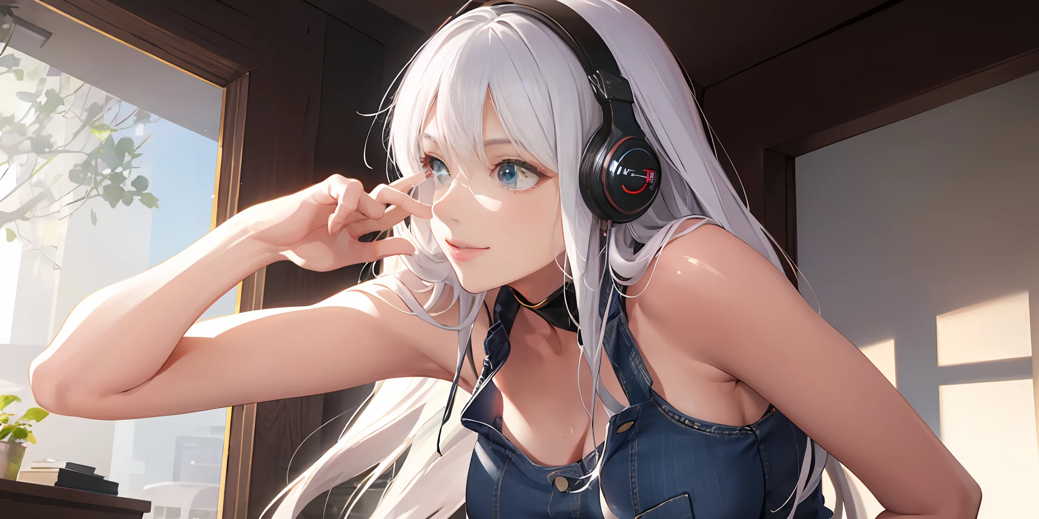 （tmasterpiece，Fine beautiful eyes：1.2），White hair，black tanktop，Volumetriclighting，glowing headphones，multi colored eyes，Detailed eyes，cyber punk perssonage，A futuristic，ultra - detailed，Light smile，highly  detailed，big breasts beautiful，small detailed，ultra - detailed，best qualtiy，复杂，ultra-realistic realism，Pubic area is clear，digital illustrations，A detailed，hentail realism，iintricate，4k，8k，Artstation trends，Good anatomy，beautiful illumination，awardwinning，Photorealsitic，realistic shaded，realistic illumination， beautiful light up， Ray traching， Complicated details， moodiness， trichotomy， tmasterpiece， （illustratio：1.1）， A high resolution， （VerydetailedCG， Solidarity， 8k wallpaper：1.1）， beauitful face， Highly detailed face， Ultra photo realsisim， tmasterpiece， bokeh， The is very detailed， 复杂， zoomout， Colorful， vivd colour， the sideview， Denim shorts, cleavage, big breasts, lace