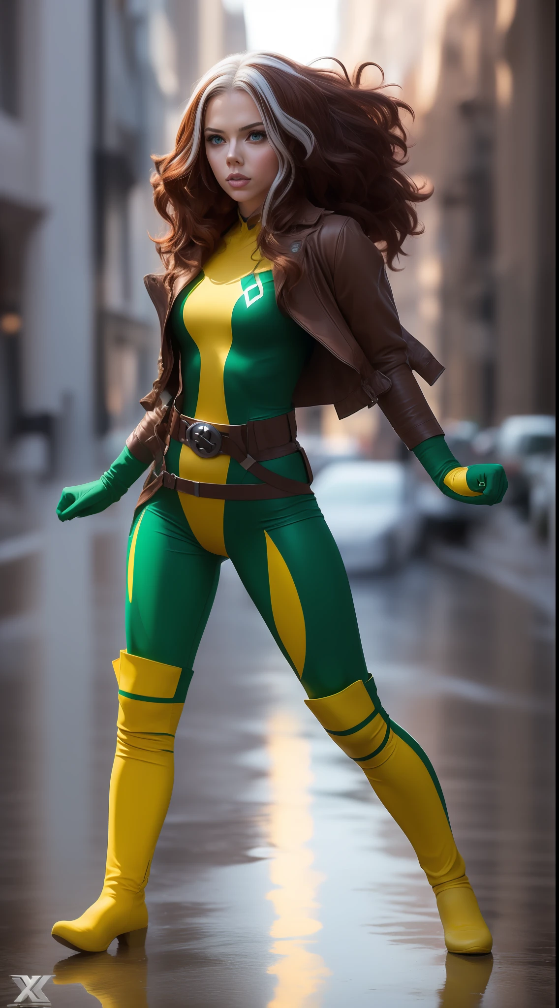 Scarlett Johansson, white locks in hair, beauty, Rogue cosplay (X-Men), ((Rogue X-men), Rogue X-men, white lock in hair, brown hair, green and yellow clothing, Yellow color in the middle of clothing vertically, brown jacket, green band on forehead, a belt with an X in the middle, flying, An X of X-men on the chest, wind effect,  full body photo, prominent figure, night, photo (Masterpiece) (Best quality) (Detail) (8K) (HD) (Wallpaper) (cinematic lightining) (Crisp focus) (Intricate), sexy, rain, wet, rays, best quality, Ultra high resolution, photorealistic, full body portrait, incredibly beautiful, dynamic poses, detailed skin texture, highly detailed skin, detailed face, beautiful legs, big chests, powerful