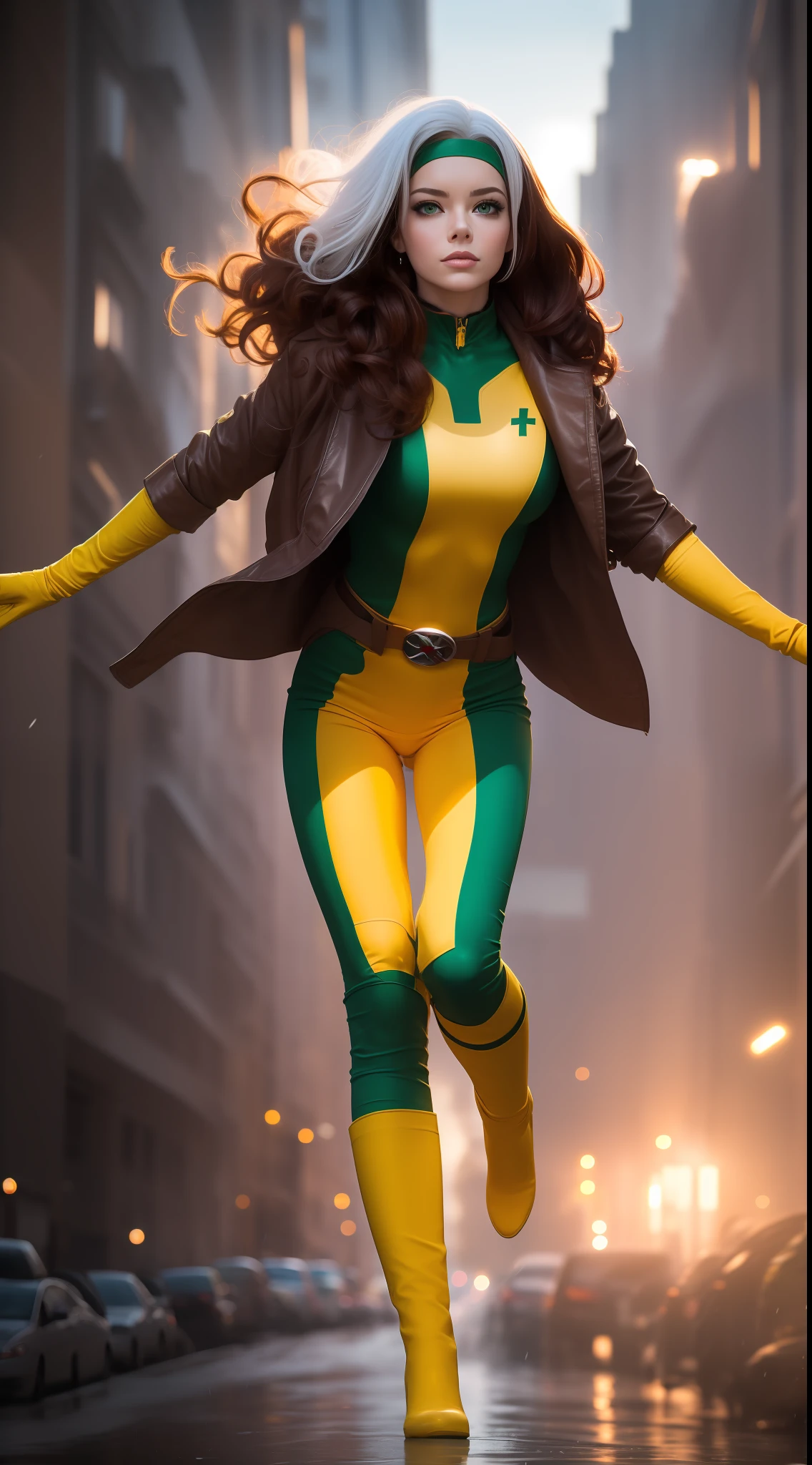 Emma Stone, white locks in hair, beauty, Rogue cosplay (X-Men), ((Rogue X-men), Rogue X-men, white lock in hair, brown hair, green and yellow clothing, Yellow color in the middle of vertical clothing, brown jacket, green band on forehead, a belt with an X in the middle, flying, An X of X-men on the chest, wind effect,  full body photo, prominent figure, night, photo (Masterpiece) (Best quality) (Detail) (8K) (HD) (Wallpaper) (cinematic lightining) (Crisp focus) (Intricate), sexy, rain, wet, rays, best quality, Ultra high resolution, photorealistic, full body portrait, incredibly beautiful, dynamic poses, detailed skin texture, highly detailed skin, detailed face, beautiful legs, big chests, powerful