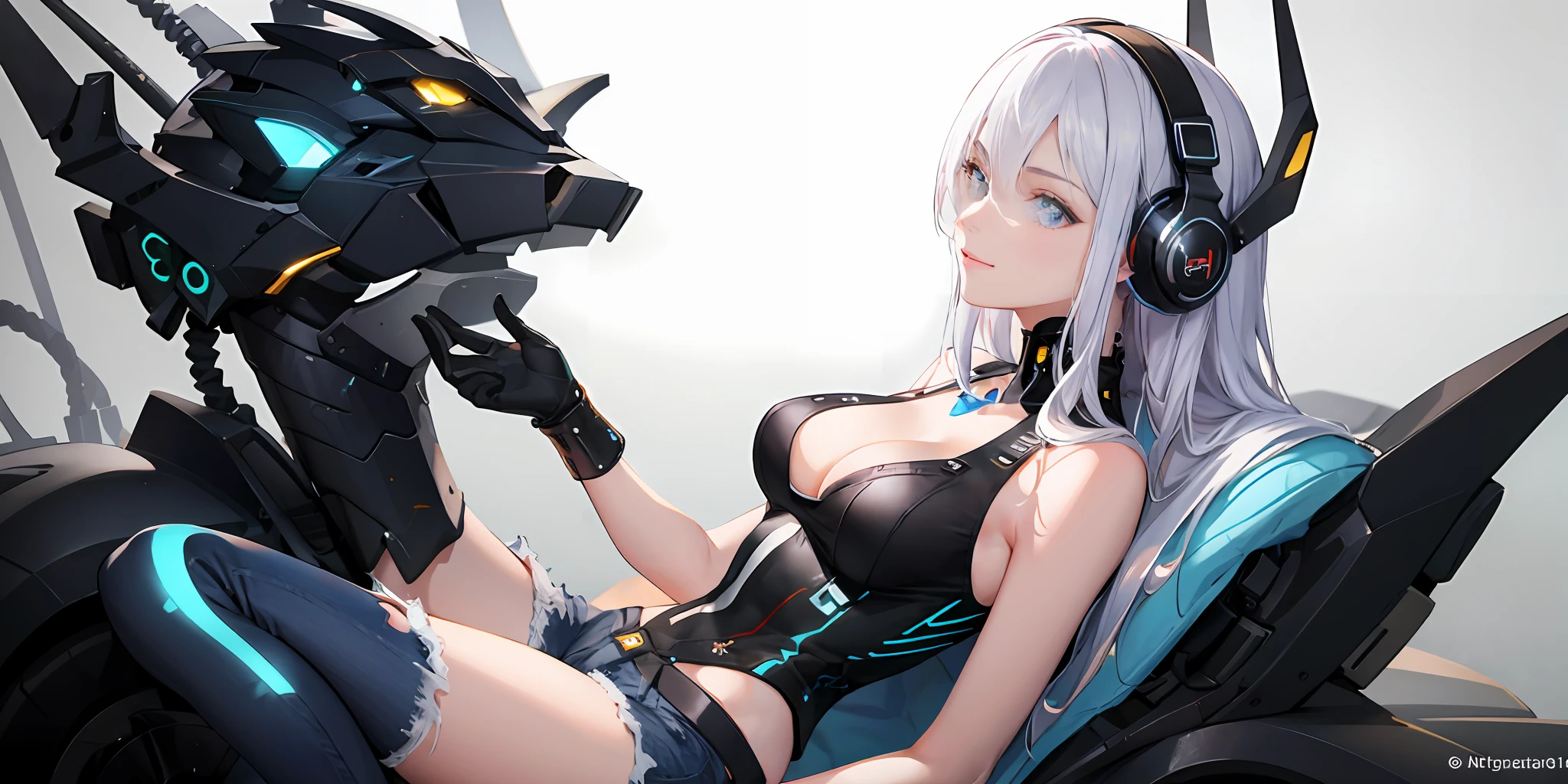 (tmasterpiece,Fine beautiful eyes:1.2),White hair,black tanktop,Volumetriclighting,glowing headphones,multi colored eyes,Detailed eyes,cyber punk perssonage,A futuristic,ultra - detailed,Light smile,highly detailed,big breasts beautiful,small detailed,ultra - detailed,best qualtiy,复杂,ultra-realistic realism,Pubic area is clear,digital illustrations,A detailed,hentail realism,iintricate,4k,8k,Artstation trends,Good anatomy,beautiful illumination,awardwinning,Photorealsitic,realistic shaded,realistic illumination, beautiful light up, Ray traching, Complicated details, moodiness, trichotomy, tmasterpiece, (illustratio:1.1), A high resolution, (VerydetailedCG, Solidarity, 8k wallpaper:1.1), beauitful face, Highly detailed face, Ultra photo realsisim, tmasterpiece, bokeh, The is very detailed, 复杂, zoomout, Colorful, vivd colour, the sideview, Denim shorts, cleavage, big breasts, lace