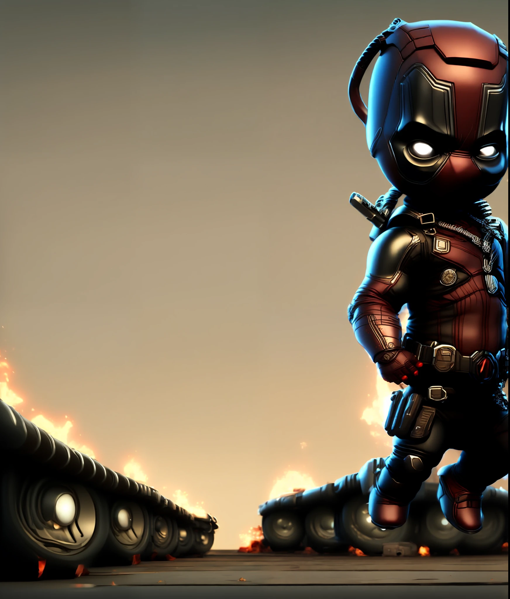 cinematic shot of realistic cute deadpool , surounded by fire, seamless, epic, cinematic, intricate detail, award winning, great lighting, shading, high quality, detailed