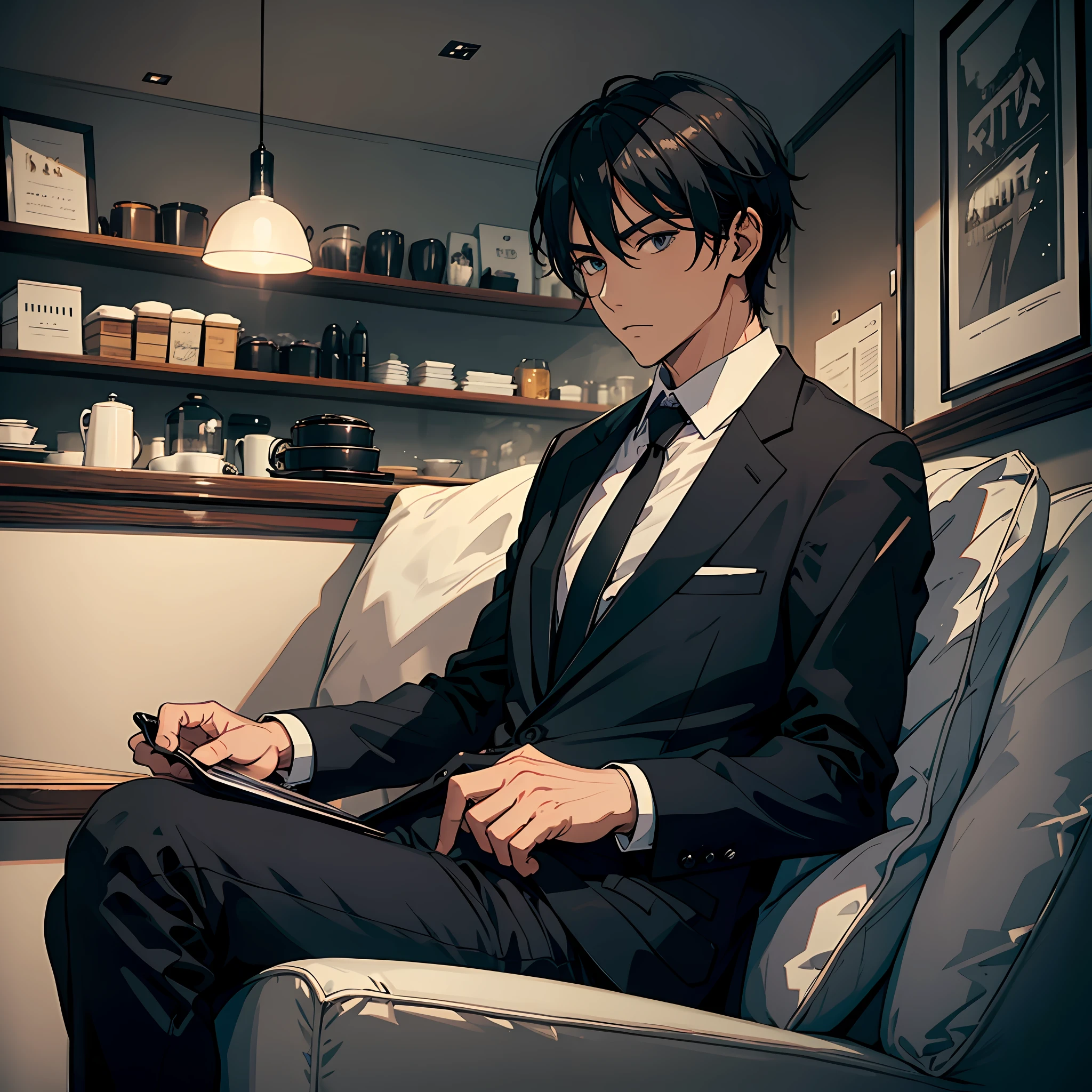 A man,In black suit,cool guy,Sit on the sofa,natta,cafe shop,Gaze ahead calmly