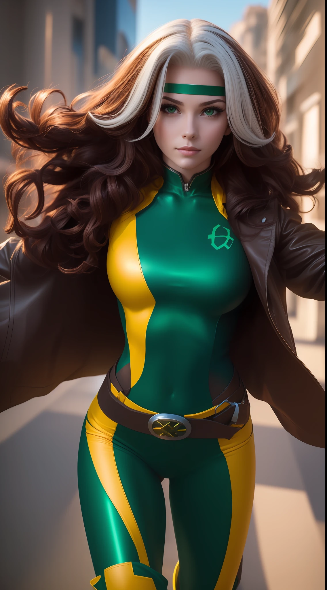 beautiful woman, detailed face, beautiful face, white locks in hair, beauty, Rogue cosplay (X-Men), ((Rogue X-men), Rogue X-men, white lock in hair, brown hair, green and yellow clothing, yellow color in the middle of vertical clothing, brown jacket, green band on forehead, a belt with an X in the middle, flying, One X of X-men on the chest,  wind effect, full body photo, prominent figure, night, photo (Masterpiece) (Best quality) (Detail) (8K) (HD) (Wallpaper) (cinematic lightining) (Crisp focus) (Intricate), sexy, rain, wet, rays, best quality, Ultra high resolution, photorealistic, full body portrait, incredibly beautiful, dynamic poses, detailed skin texture, highly detailed skin, detailed face, beautiful legs, big chests,  Powerful