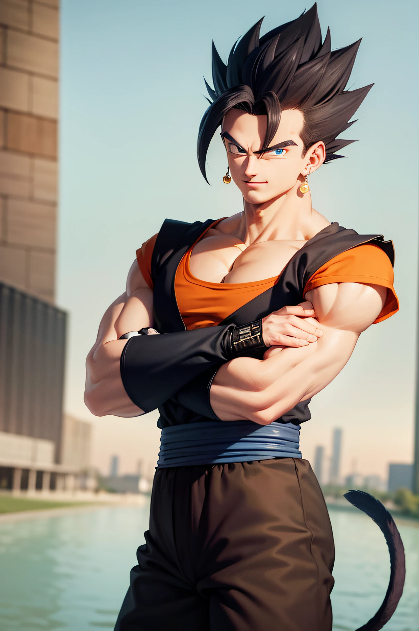 (masterpiece, best quality:1.2), cowboy shot, solo, male focus, 1boy, vegetto, smile, looking at viewer, crossed arms, black hair, spiked hair, blue eyes, dougi, white gloves, pectorals, tail