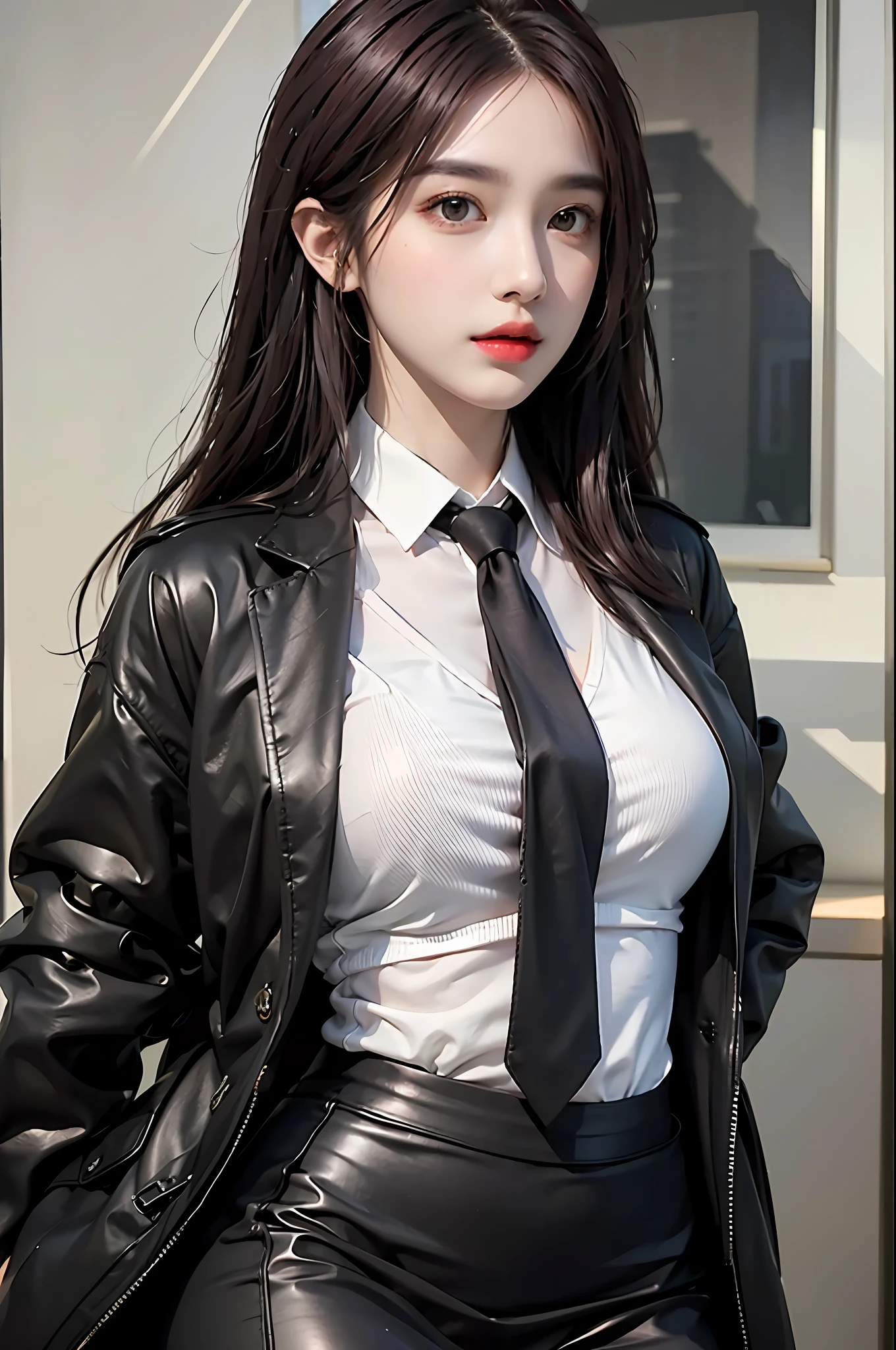 photorealistic, high resolution, 1 girl, hips up, beautiful eyes,black suit,red hair, ringed eyes, collared shirt,black necktie,black skirt, pencil skirt, oversize coat