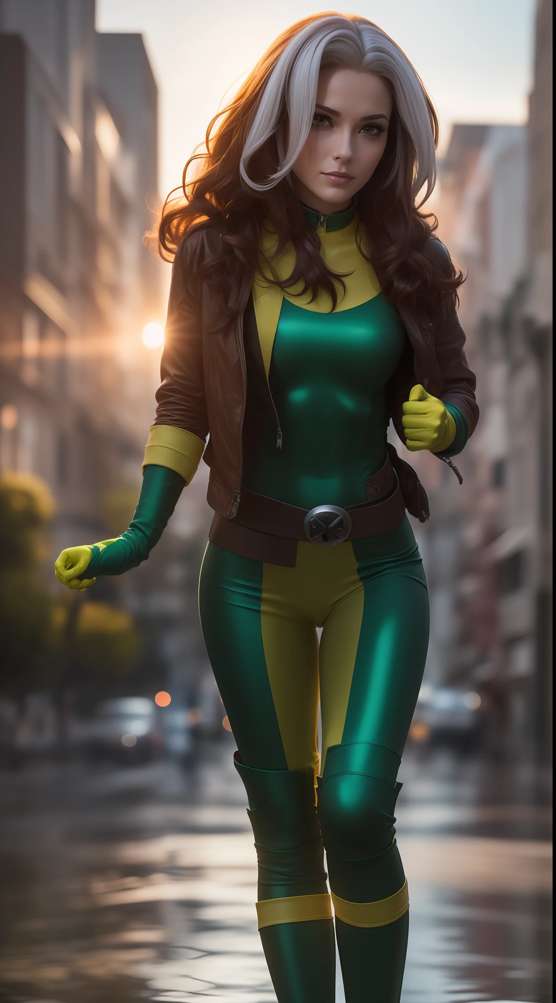 beautiful woman, detailed face, beautiful face, white locks in hair, beauty, Rogue cosplay (X-Men), ((Rogue X-men), Rogue X-men, white lock in hair, brown hair, green and yellow clothing, yellow color in the middle of vertical clothing, brown jacket, green band on forehead, a belt with an X in the middle, flying, One X of X-men on the chest,  wind effect, full body photo, prominent figure, night, photo (Masterpiece) (Best quality) (Detail) (8K) (HD) (Wallpaper) (cinematic lightining) (Crisp focus) (Intricate), sexy, rain, wet, rays, best quality, Ultra high resolution, photorealistic, full body portrait, incredibly beautiful, dynamic poses, detailed skin texture, highly detailed skin, detailed face, beautiful legs, big chests,  Powerful