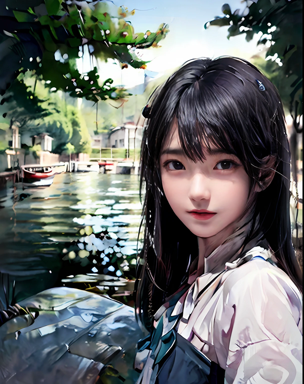 (masterpiece, best quality, beautiful portrait:1.4) of a stunning 25yo chinese 1girl, (upper body view:1.6), seductive pose, breasts:1.2, (armpits focus:1.1), solo, long black hair, bare shoulders, perfect face, perfect eyes, insanely beautiful face, happy smile, hanfu, (looking at viewer:1.6), chinese village and lake in background, colorful watercolor anime, highly detailed, ultra realistic, deep field of depth, (sharp focus:1.6), insanely intricate, 8k