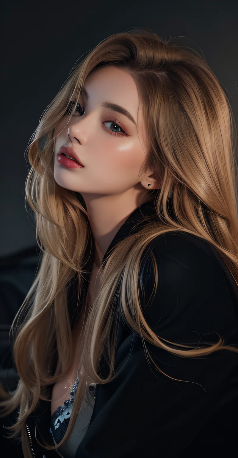 a woman with long hair and a black jacket looking up, photo of a beautiful woman, portrait sophie mudd, portrait of a beautiful model, beautiful female model, dark blond long hair, dark blonde hair, 50mm portrait, brunette with dyed blonde hair, attractive girl, gorgeous woman, beautiful model, dark blonde long hair, appealing long hair, girl with long hair, masterpiece, 8k, cleavage, big boobs, bust detail, hair detail, eye detail