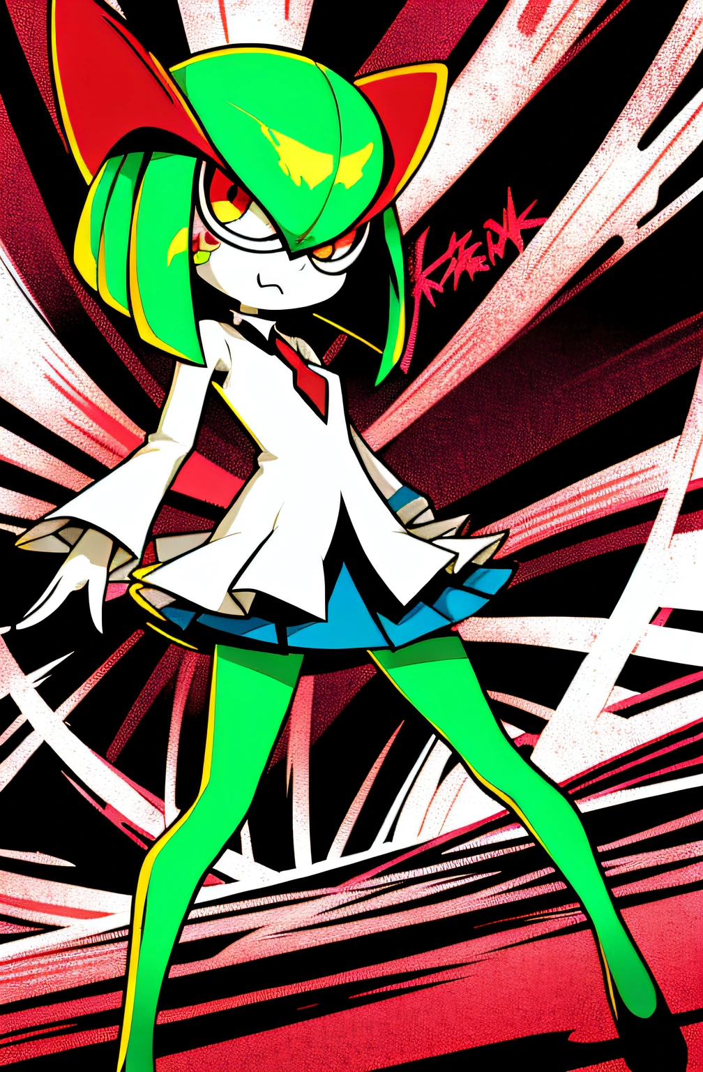 tmasterpiece, best_quality, 1girl, solo, kirlia, Green hair, red - eyed, whiteskirt, green-skin, short detailed hair,Graffiti and sticker style background, illustration, Grunge beauty style, Sandara tang, mixed patterns, text and emoji installations, Cyberpunk grunge core style , Exaggerated expressions, scribbles, Stickers, streetart, comic book art, kintsukuroi, Explosion and chaos, offcial art, Graffiti style art background, Element-rich background