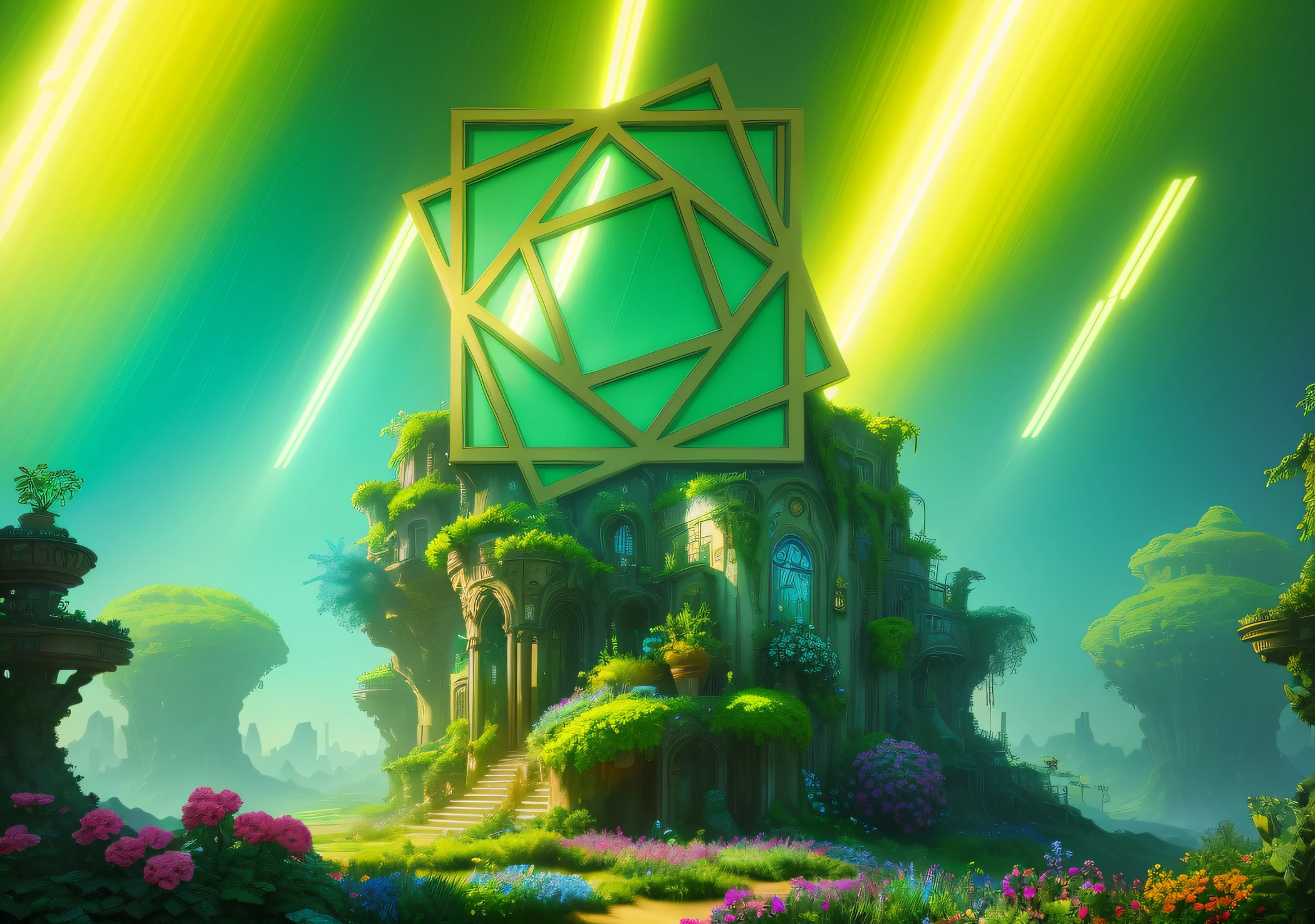 Architectural Digest photo of a maximalist green {vaporwave/steampunk/solarpunk} studio space with lots of flowers and plants, golden light, hyperrealistic surrealism, award winning masterpiece with incredible details, epic stunning, glowing shape