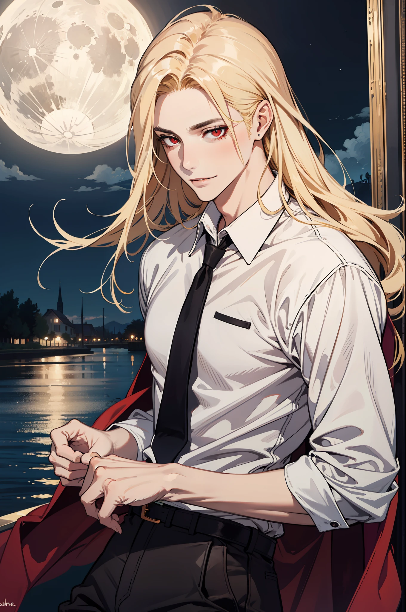 (absurdres, highres, ultra detailed), 1man, 30 years old man, adult man, handsome, tall,, finely detailed eyes and detailed face, leather pants, (((white shirt))), night, smile, dutch angle, ((long hair, blonde hair)), moon, gold details, gothic, vampire, vampire prince, dark, simple clothes, looking at the view, pale skin, red detailed eyes, (masculine), sexy, elegant, long bangs, detailed hands, (((red eyes)))