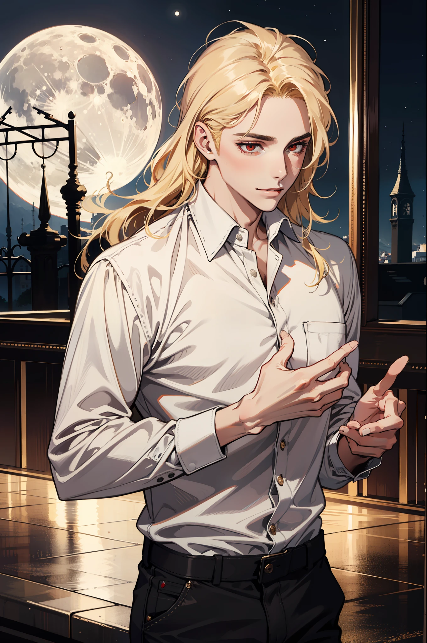 (absurdres, highres, ultra detailed), 1man, 30 years old man, adult man, handsome, tall,, finely detailed eyes and detailed face, leather pants, (((white shirt))), night, smile, dutch angle, ((long hair, blonde hair)), moon, gold details, gothic, vampire, vampire prince, dark, simple clothes, looking at the view, pale skin, red detailed eyes, (masculine), sexy, elegant, long bangs, detailed hands, (((red eyes)))