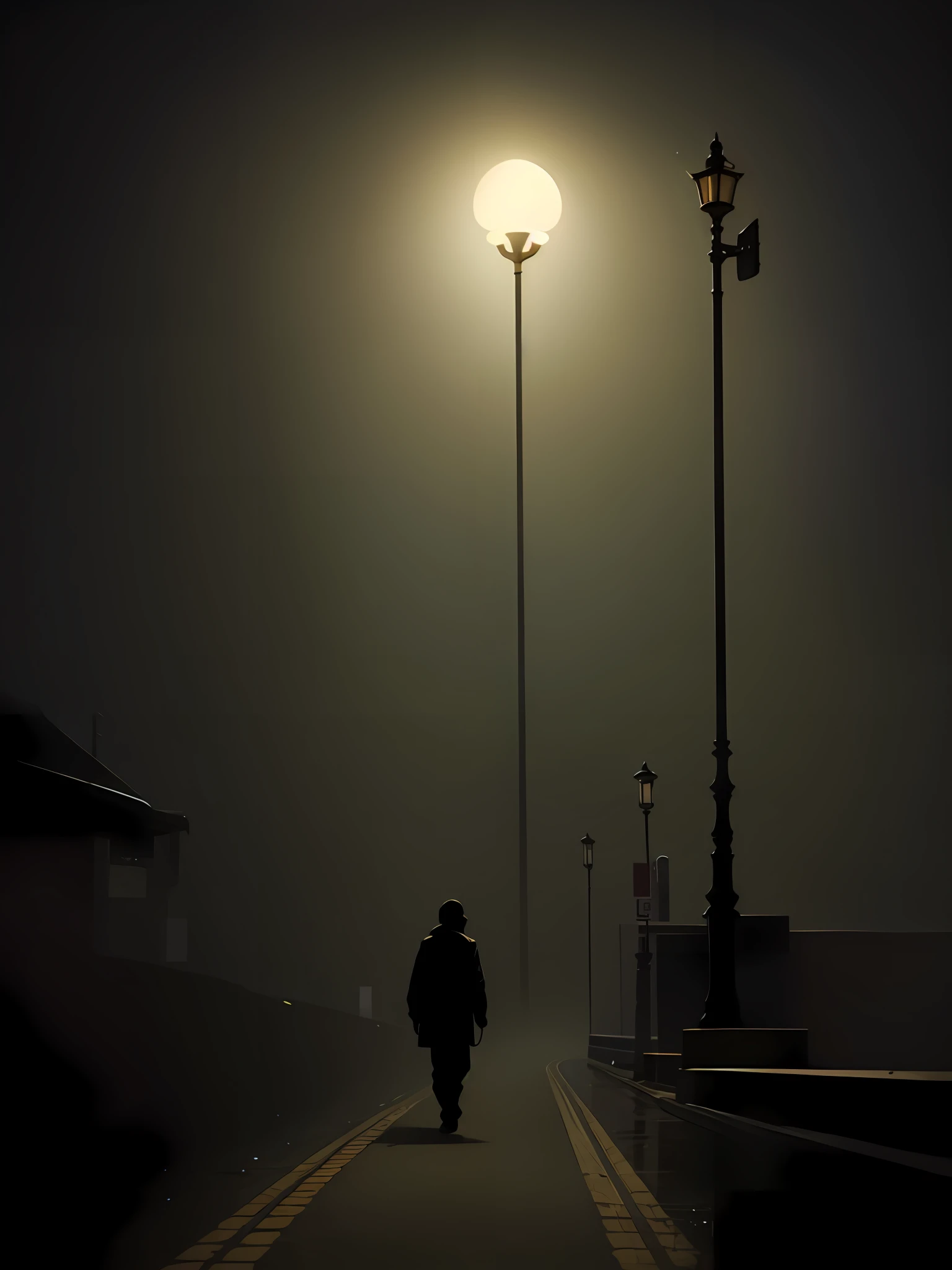 Highest image quality,8k,There was a man walking down the street at night with a street lamp, Atmospheric fog and lighting, Light fog, midnight mist streetlights, dark fog surrounds him, foggy night, dark lighting and heavy fog, Mist darkness, Hazy night, Lighting fog, Lights in fog, Foggy atmosphere, Fog lights, Midnight fog - mist!, foggy evening, Mysterious atmospheric lighting